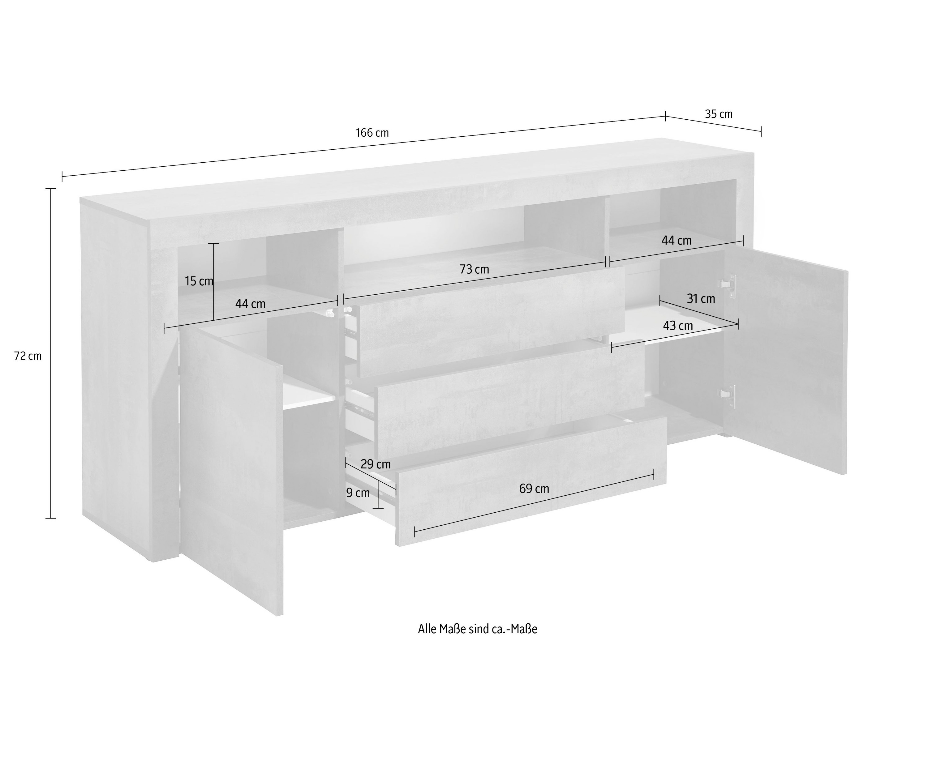 Denver Sideboard mit 2 Türen und 3 Schubladen Schiefer (166 x 72 x 35 cm)