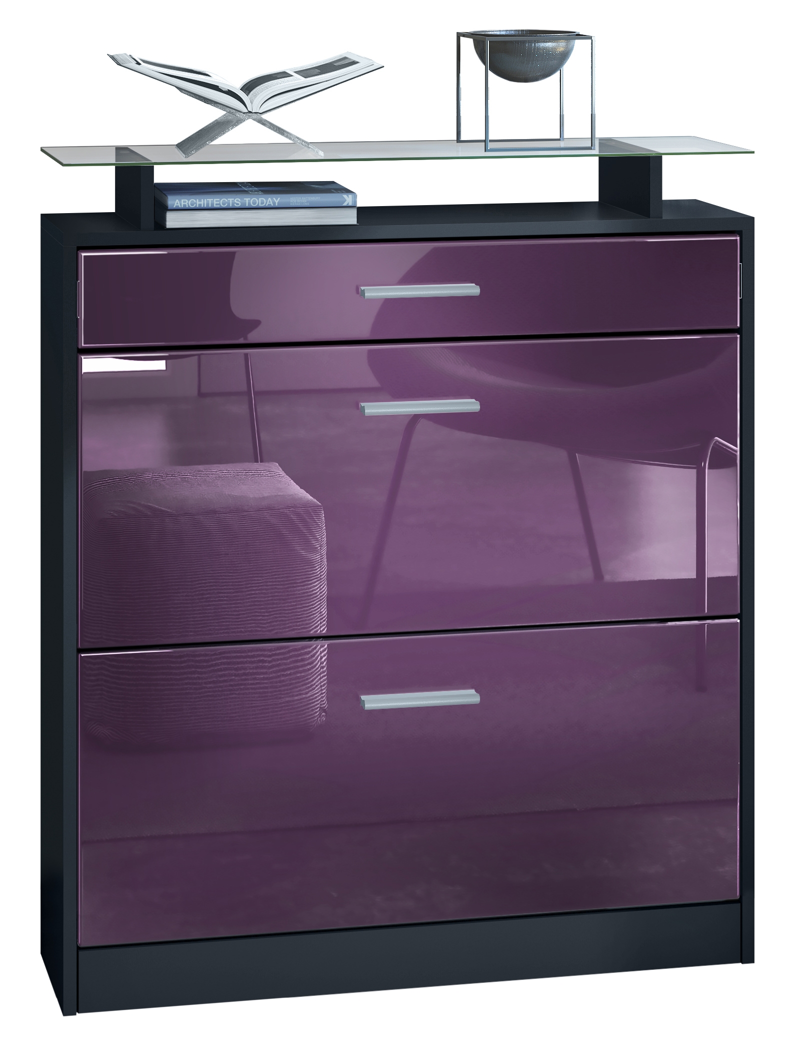 Schuhschrank Loret mit 2 Klappen und 1 Schublade und Glasablage Schwarz matt/Brombeer Hochglanz (89 x 104 x 23 cm)