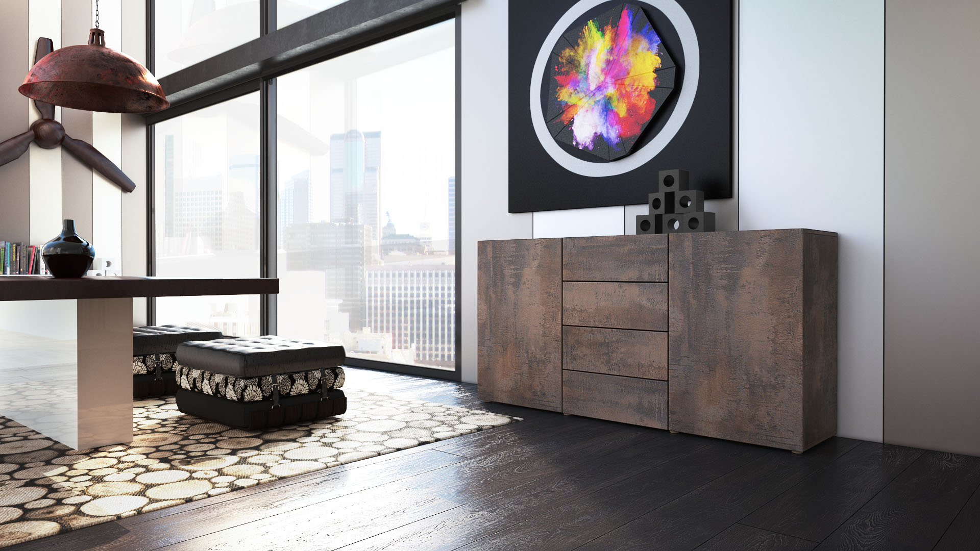 Sideboard Massa Stahl mit 2 großen Türen und 4 Schubladen  Stahlfarbe Antik (139 x 71 x 35 cm)