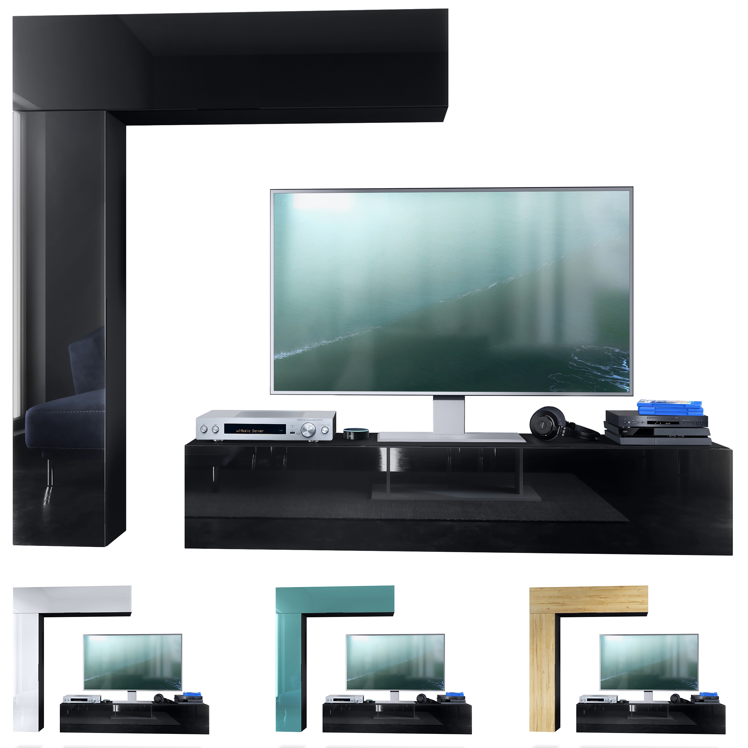 Wohnwand Taurito  mit Rückwand mit 2 Klappen und 1 Schrank Schwarz matt/Beton Oxid Optik (320 x 182 x 39 cm)