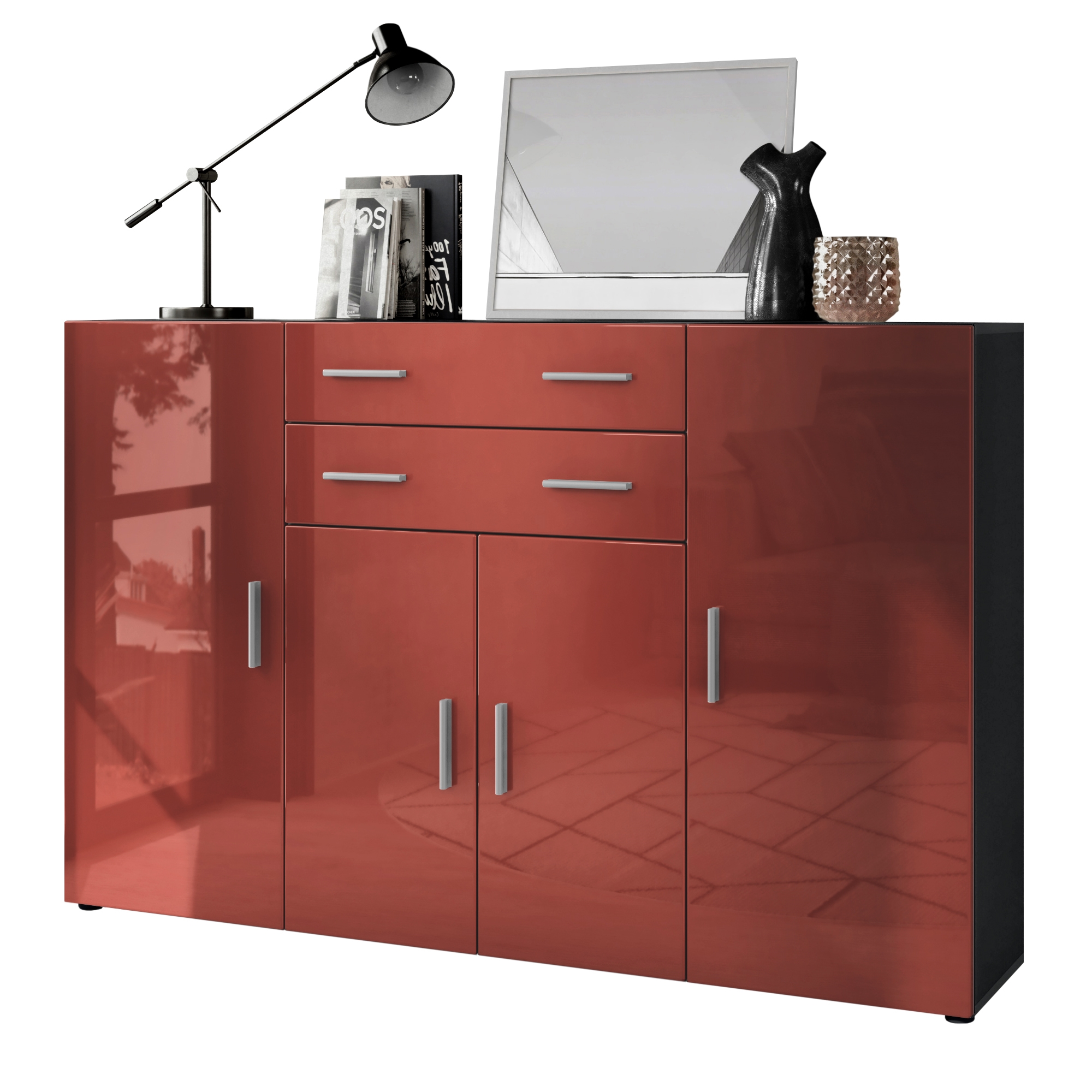 Highboard Aron  mit 4 Türen und 2 Schubladen Anthrazit matt/Bordeaux Hochglanz (166,5 x 106,5 x 35 cm)