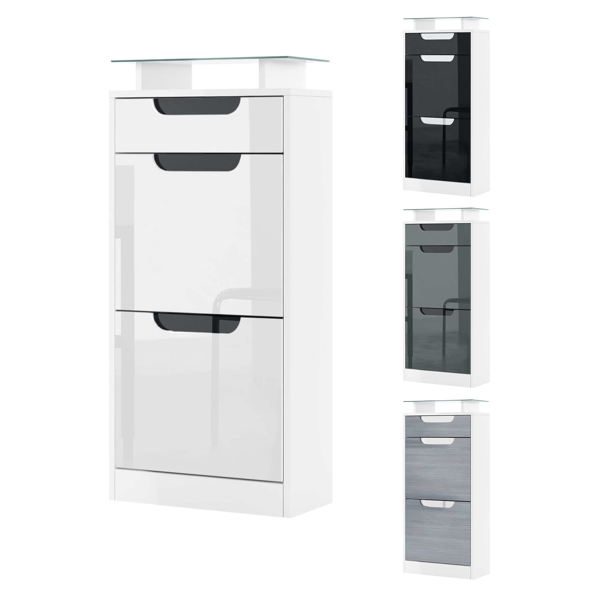 Schuhschrank Fiesta V2 mit 2 Klappen, Schublade und Glasablage Weiß matt/Avola-Anthrazit, Mulden in Weiß Hochglanz (46x104x23 cm)