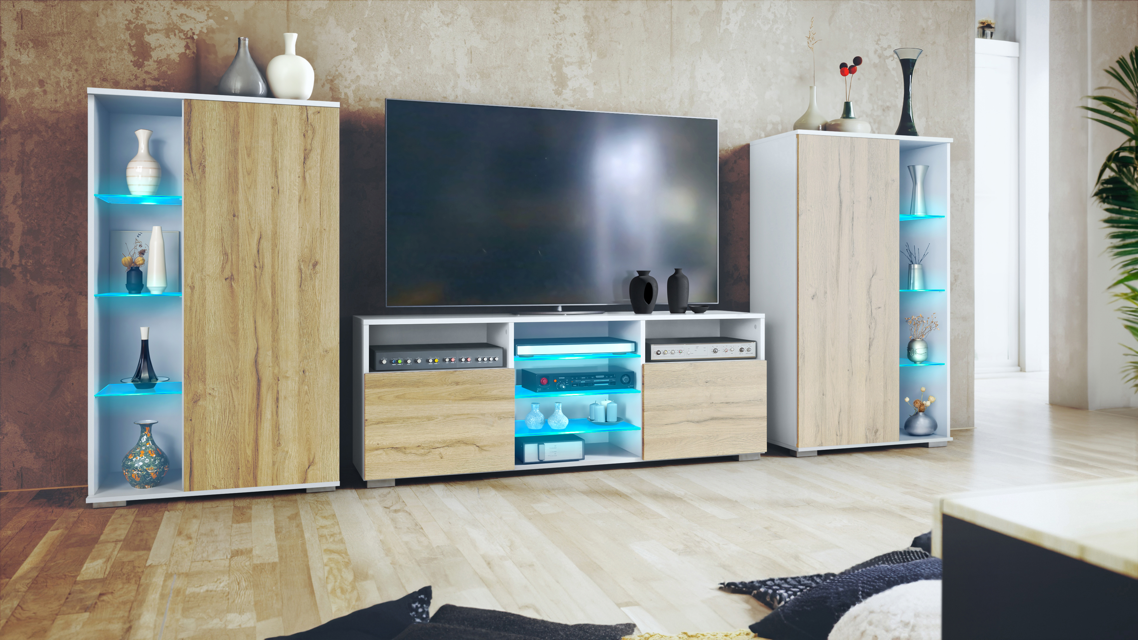 Wohnwand 3-tlg. Davos Weiß LED bestehend aus 2 Vitrinen, 1 TV-Board und LED-Beleuchtung Weiß matt/Eiche Natur (329 x 134 x 35 cm)