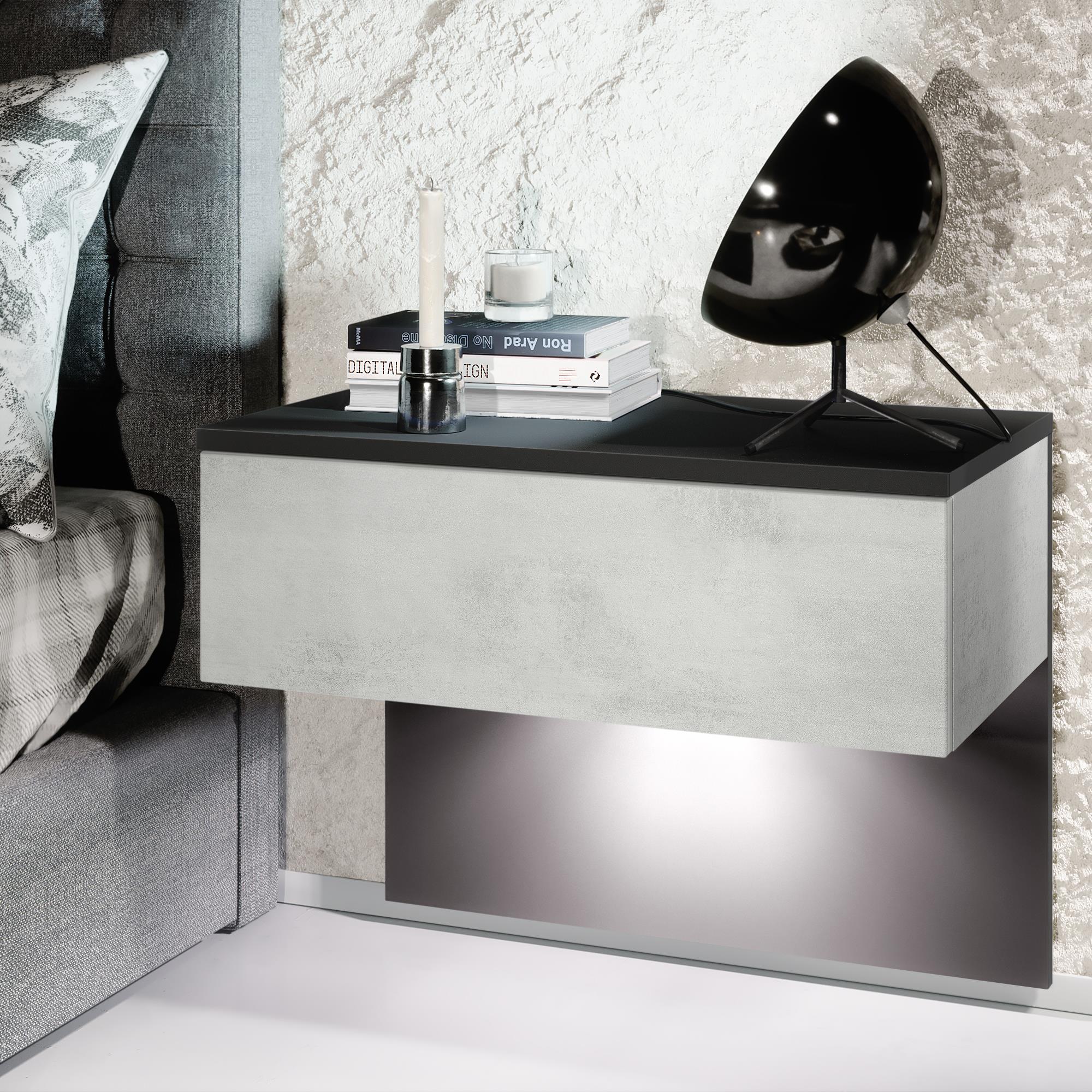 Nachttisch Sleep  mit Schublade zur Wandmontage Schwarz matt/Beton Oxid Optik, inkl. LED-Beleuchtung (60 x 46 x 35 cm)