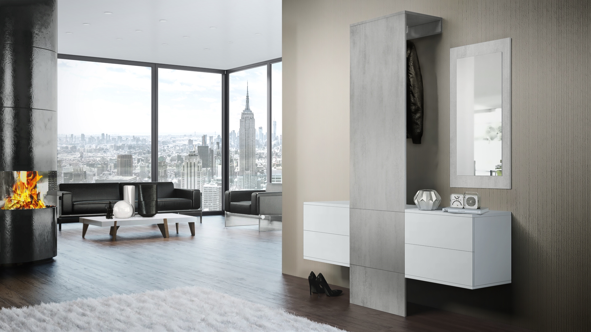 Garderobe Carlton Set 3 Beton 4-tlg. ​1 Paneel, 2 Schubkastenschränke und 1 Wandspiegel Weiß matt/Beton Oxid Optik (157 x 193 x 35 cm)