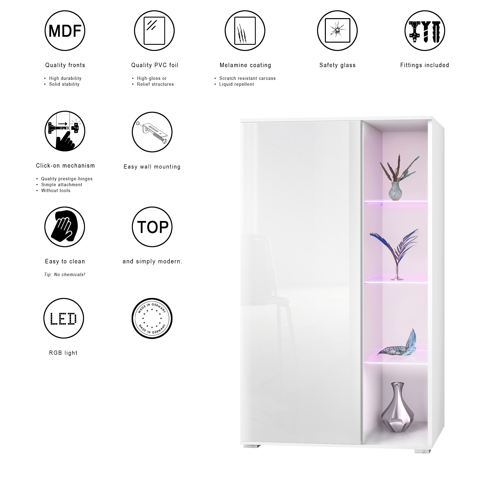 Vitrine Davos mit 3 Glasböden und 8 Fächer inkl. LED Weiß matt/Beton Oxid Optik (71,5 x 134 x 35 cm)