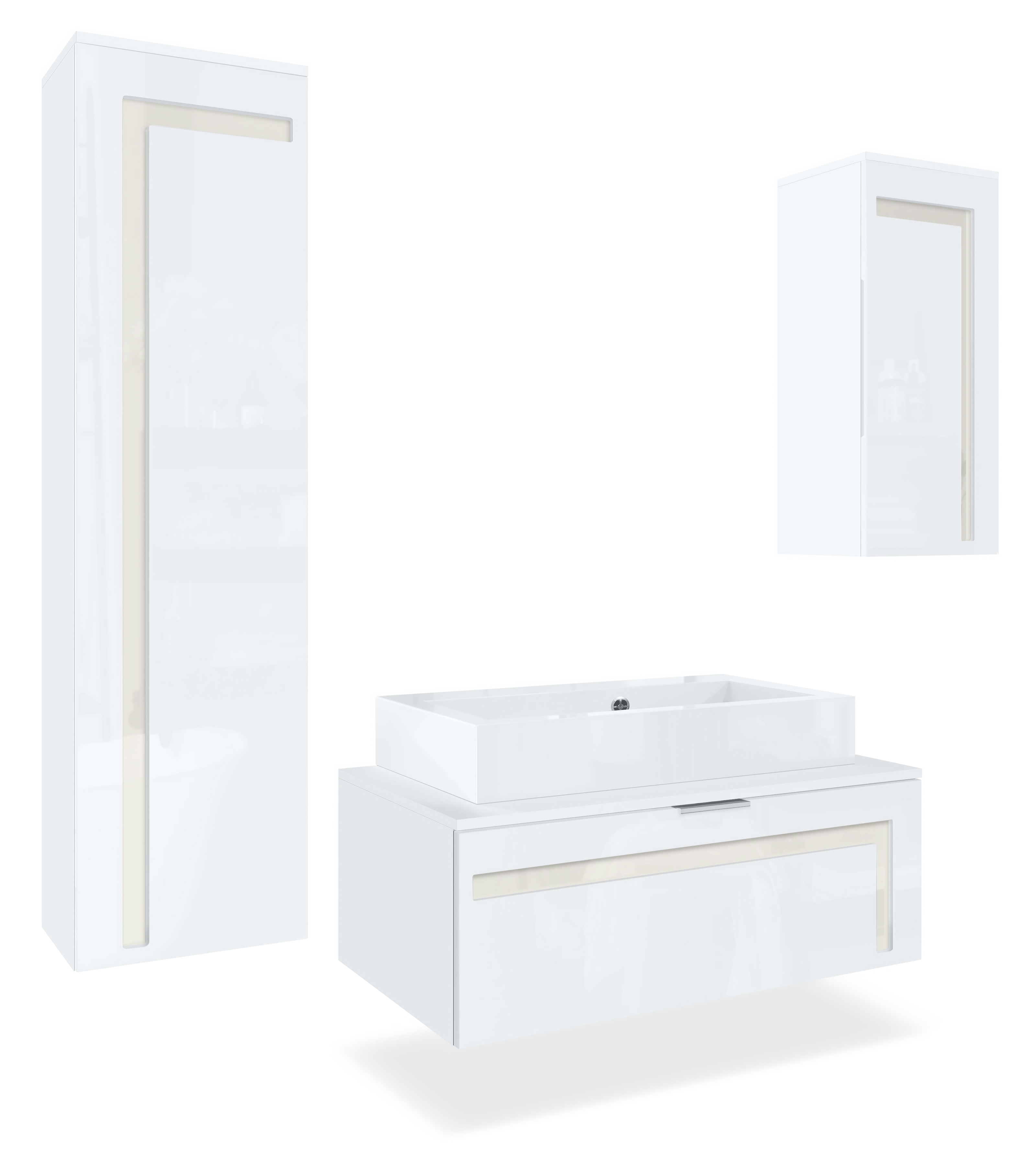 Badmöbel-Set Aloha V2 1 Unterschrank und 1 Waschbecken Weiß matt/Weiß glänzend, Absetzungen in Creme glänzend (189x193x51cm)