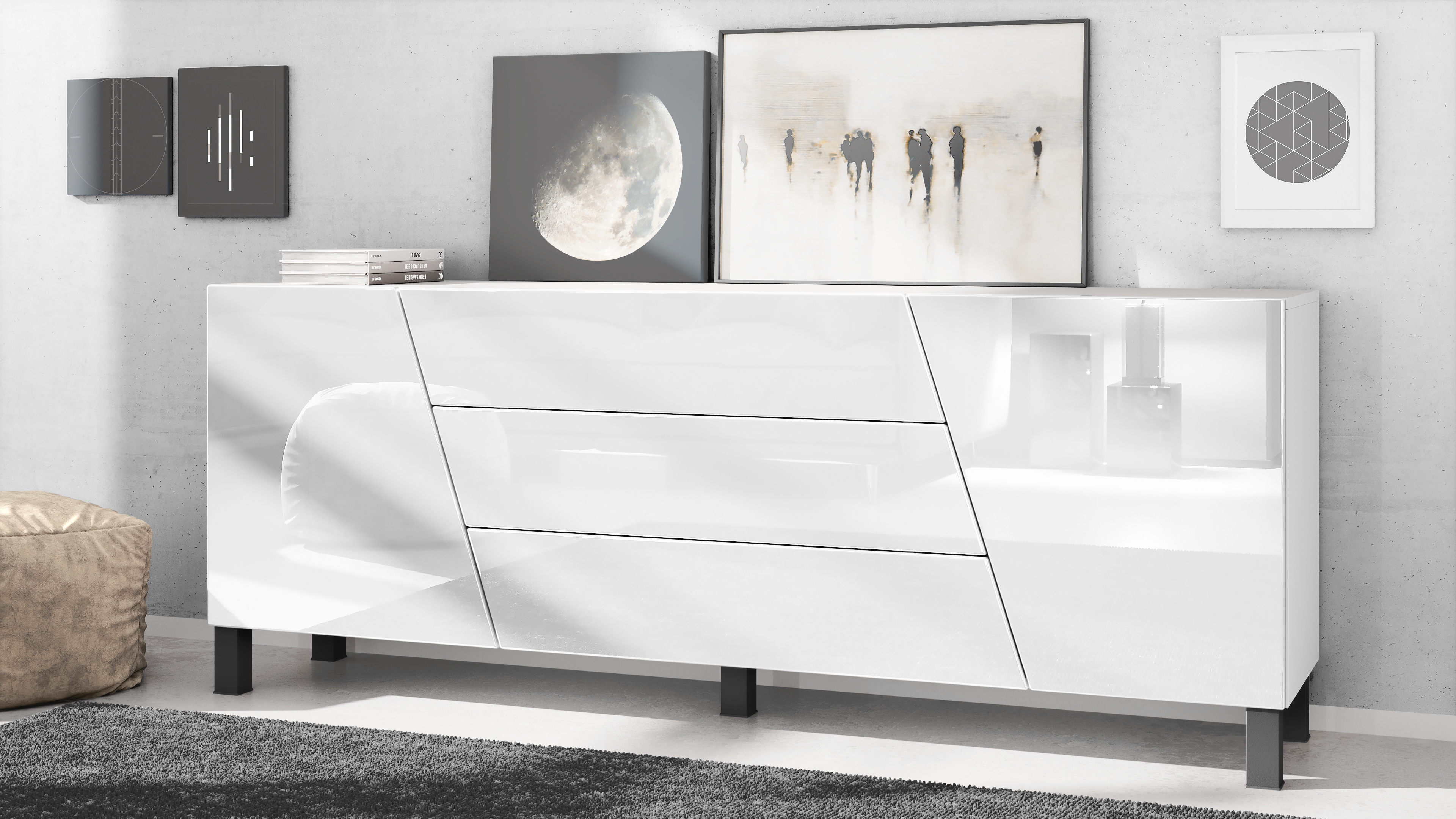 Houston Sideboard mit 2 Türen und 3 Schubladen Weiß matt/Weiß Hochglanz (178 x 57,5 x 38,5 cm)