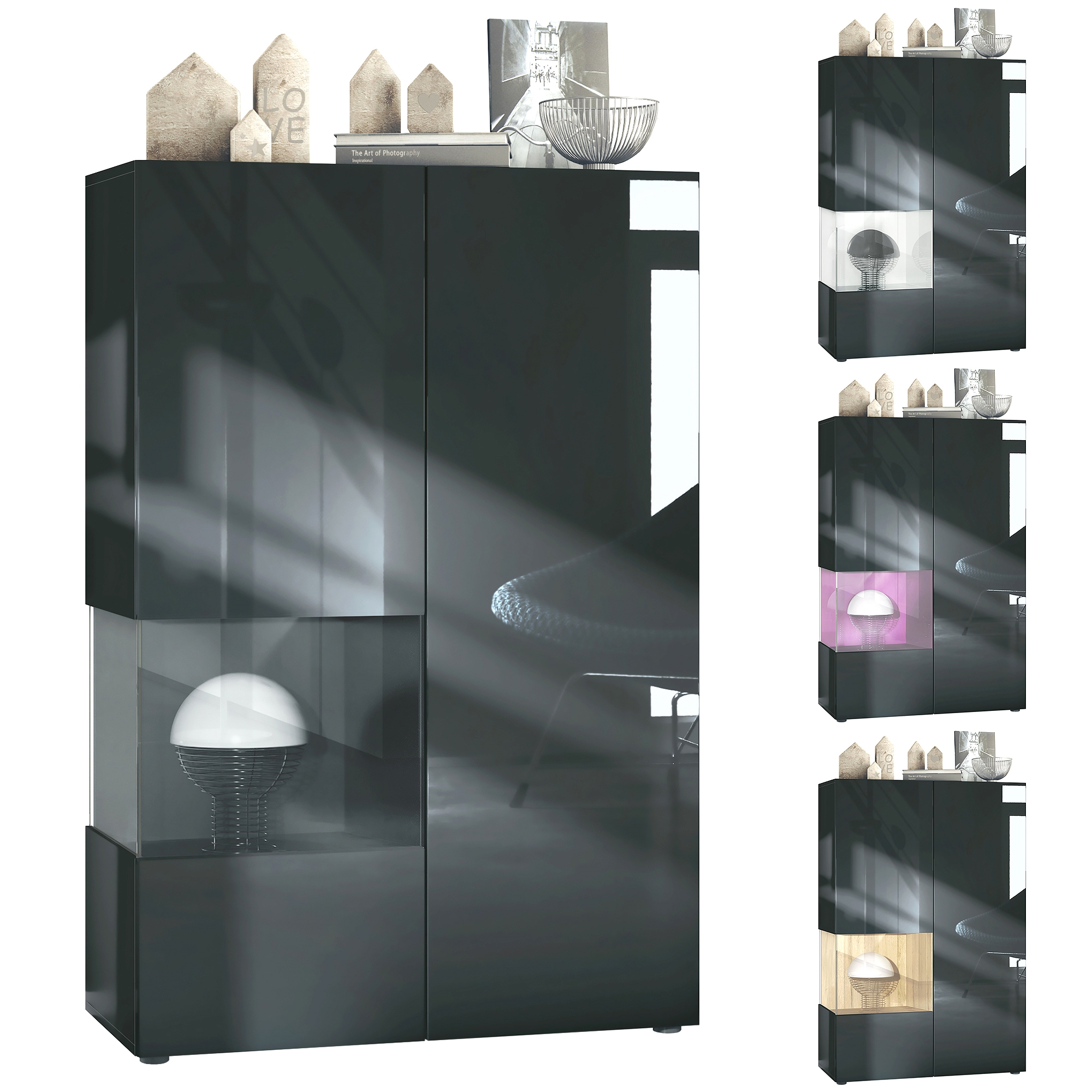 ​Vitrine Morena V2 mit 2 Türen und Glaseinsatz inkl. LED-Beleuchtung Schwarz matt/Schwarz Hochglanz/Beton Oxid Optik(91,5 x 136,5 x 37 cm)