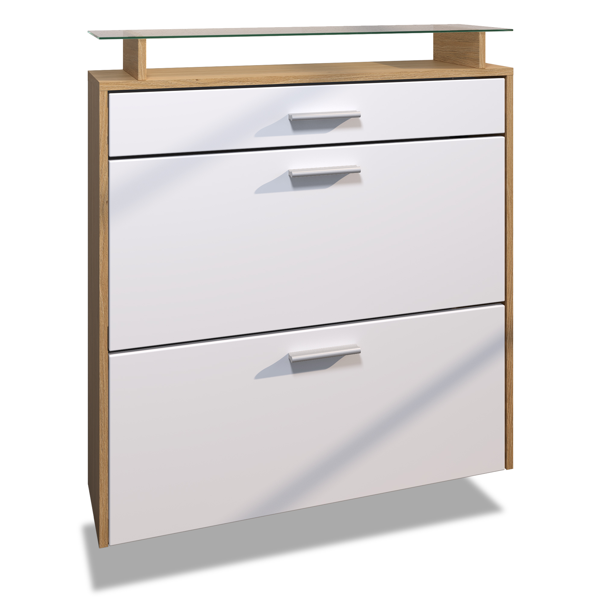Schuhschrank Malea mit 1 Schublade und Glasablage Schuhregal in Eiche Skandi / Weiß matt (89 x 95,5 x 23 cm)
