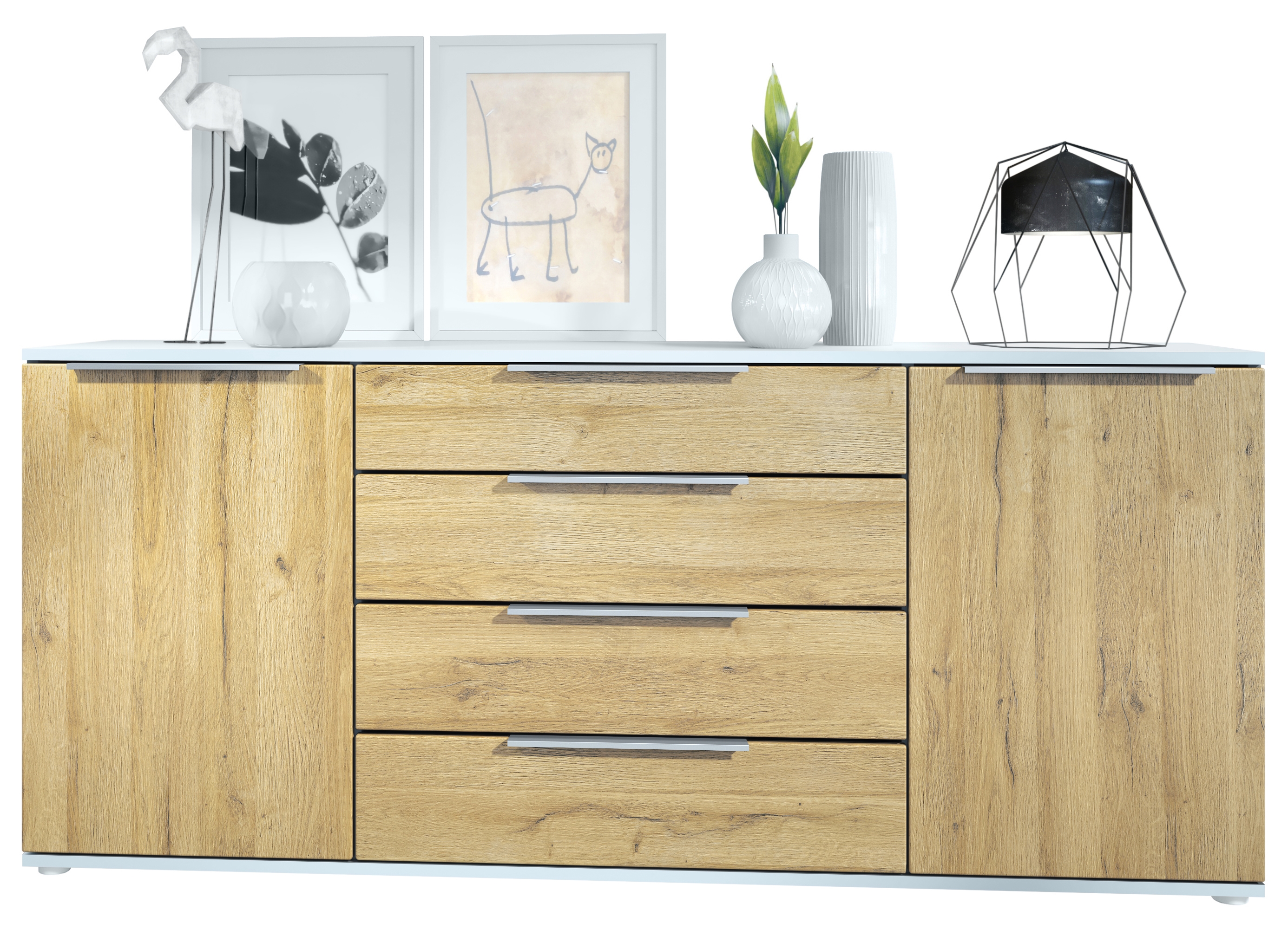 Linio V2 Sideboard mit 2 Türen und 4 Schubladen Weiß matt/Eiche Natur (166,5 x 72,5 x 35 cm)