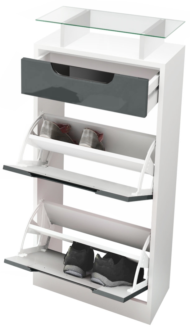Schuhschrank Fiesta V2 mit 2 Klappen, Schublade und Glasablage Weiß matt/Avola-Anthrazit, Mulden in Weiß Hochglanz (46x104x23 cm)