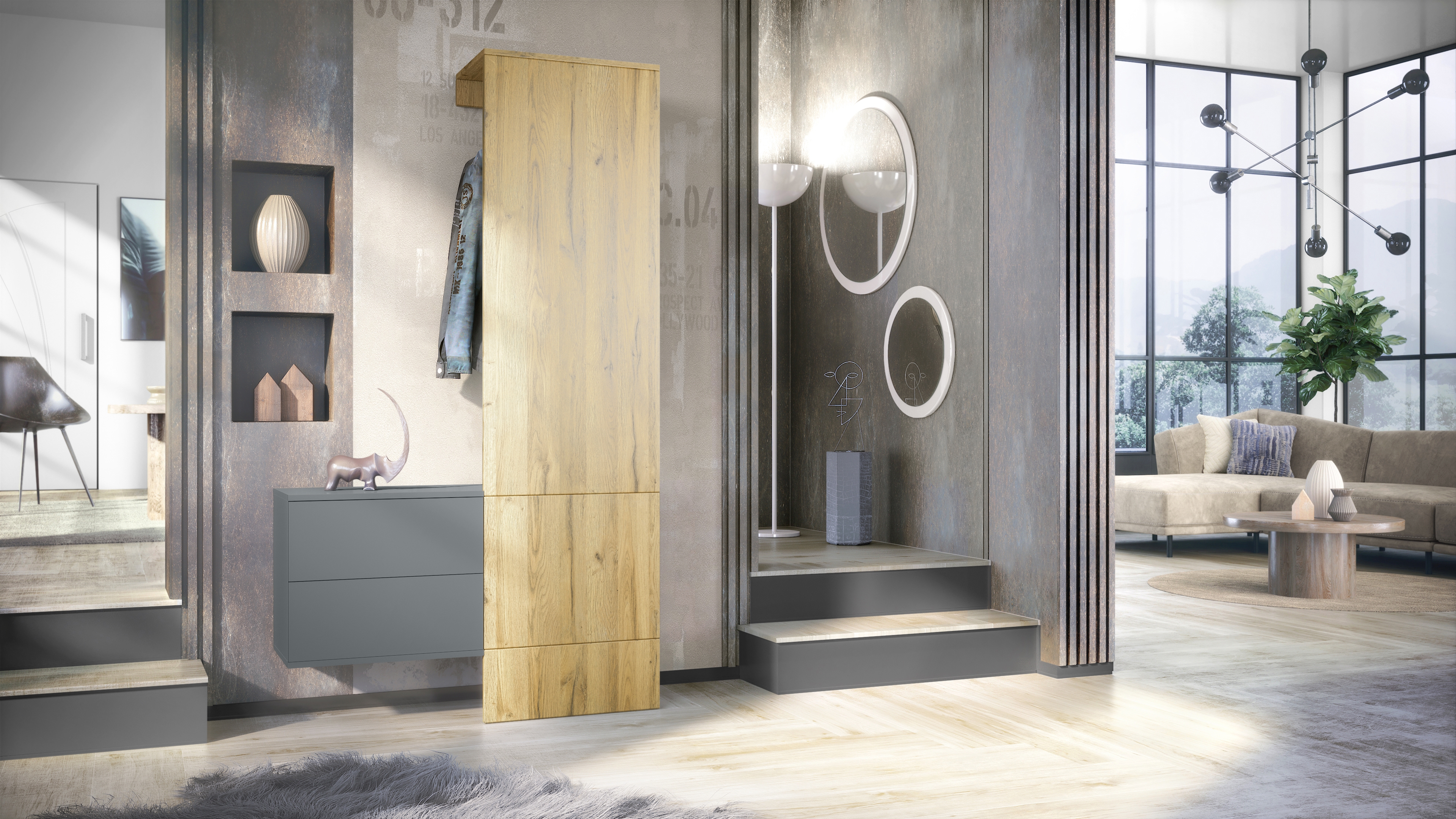 Garderobe Carlton Set 2 Anthrazit 3-tlg. 1 Paneel und 1 Schubkastenschrank Anthrazit matt/Eiche Natur (105 x 193 x 35 cm)
