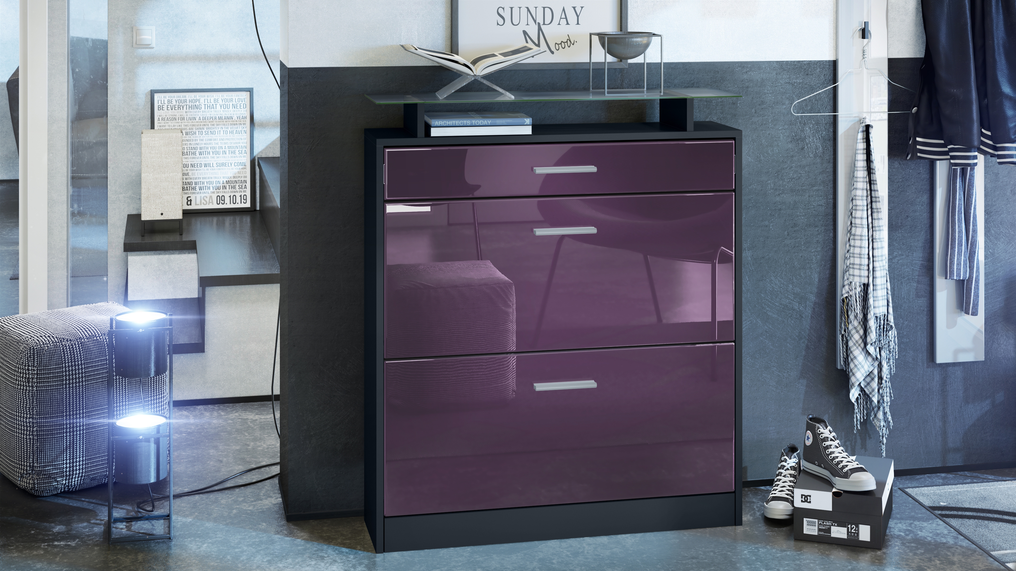 Schuhschrank Loret mit 2 Klappen und 1 Schublade und Glasablage Schwarz matt/Brombeer Hochglanz (89 x 104 x 23 cm)
