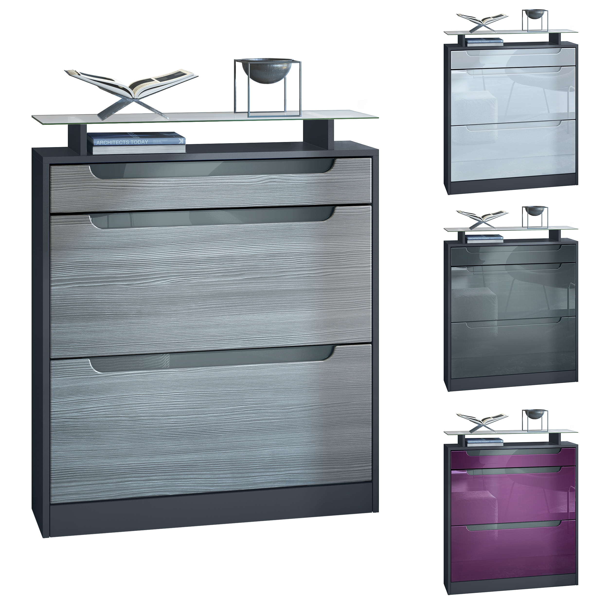 Schuhschrank Fiesta mit 2 Klappen, 1 Schublade und Glasablage Anthrazit matt/Eiche sägerau/Schwarz glänzend (89x104x23 cm)