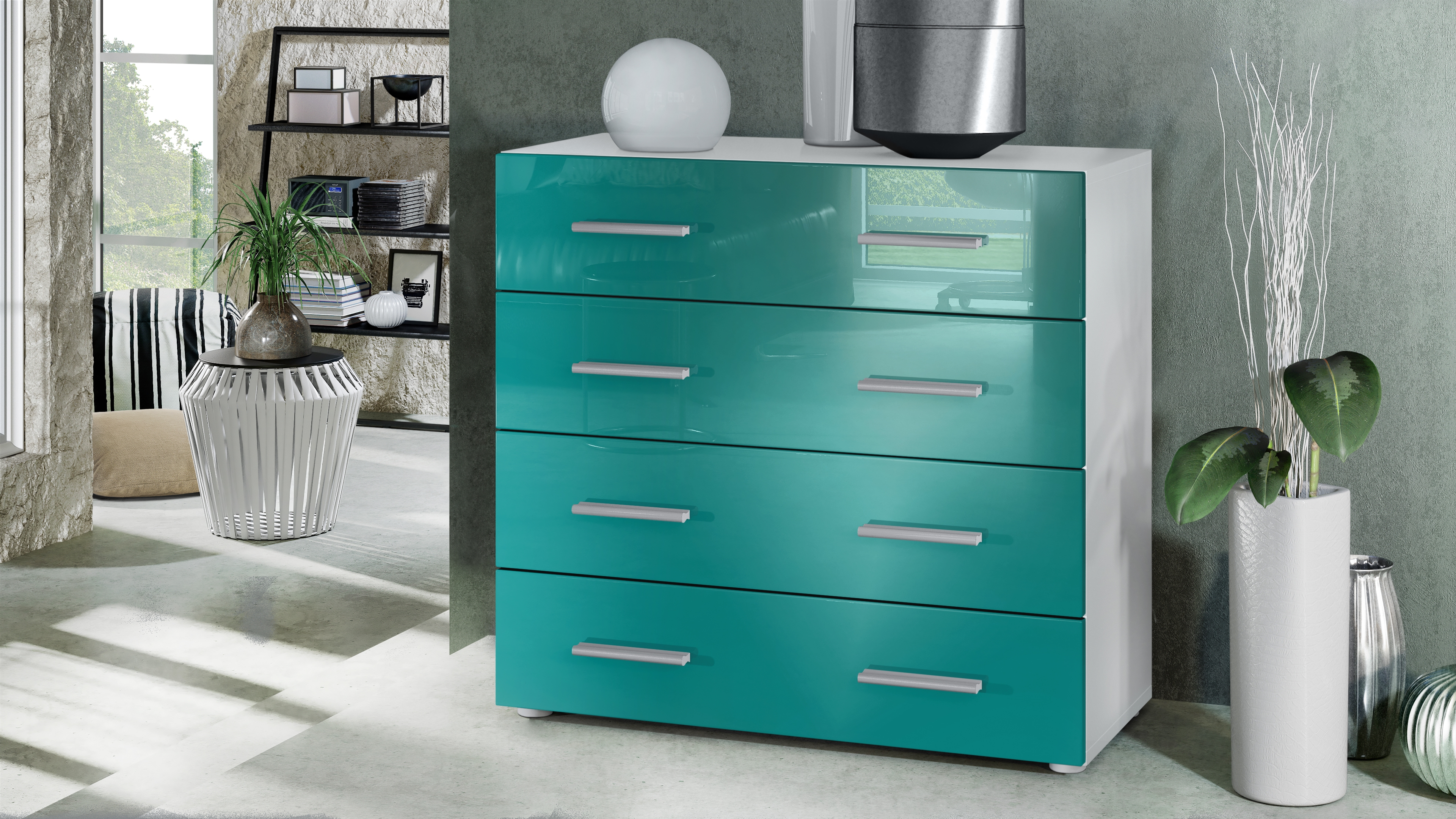 Kommode Pavos V1 ​mit 4 Schubladen Weiß matt/Petrol Hochglanz (76 x 72 x 35 cm)