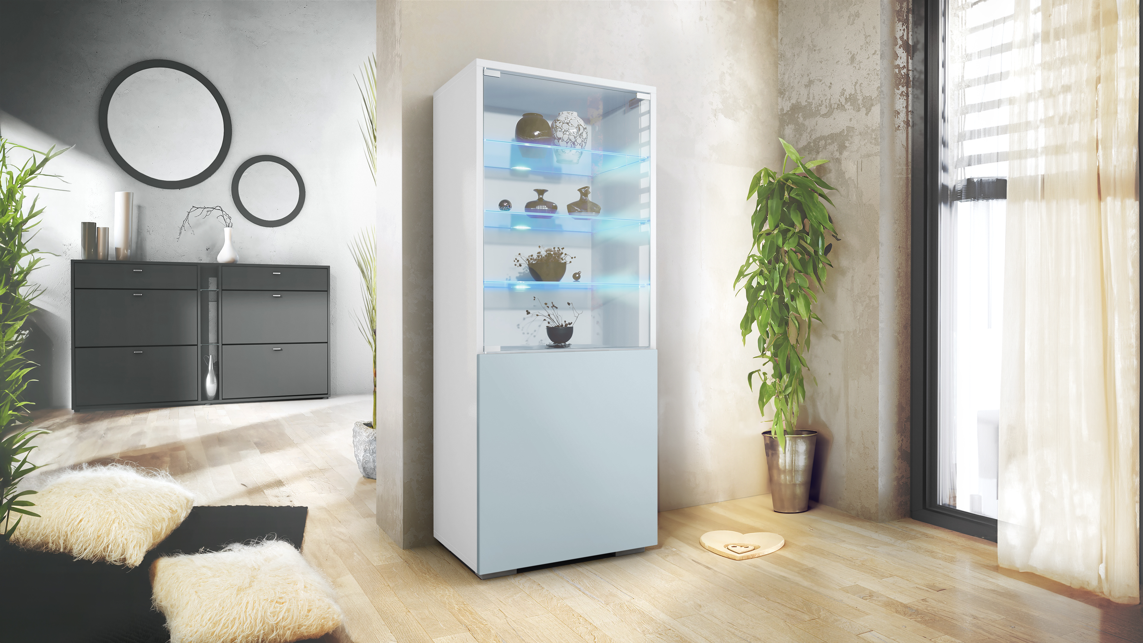 Granada Vitrine Weiß mit LED mit Glastür und Glaseinsatz inkl. LED Weiß matt/Denim matt (50 x 122,5 x 34,5 cm)
