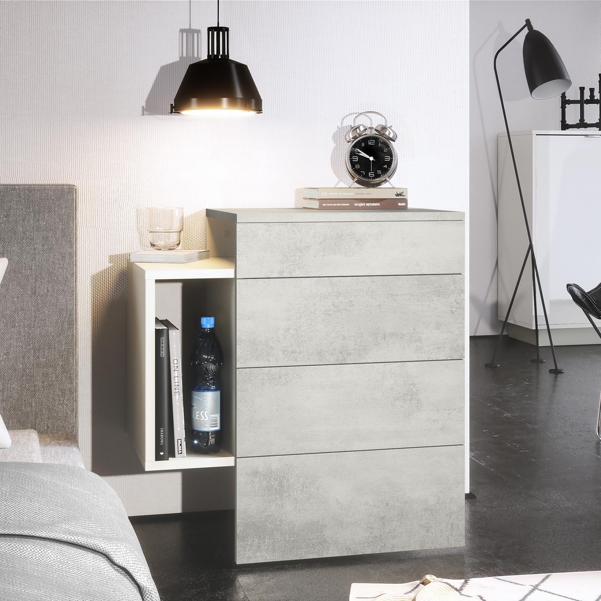 Nachttisch Queens und 1 seitlichem Fach zur Wandmontage Weiß matt/Beton Oxid Optik (60 x 63 x 36 cm)