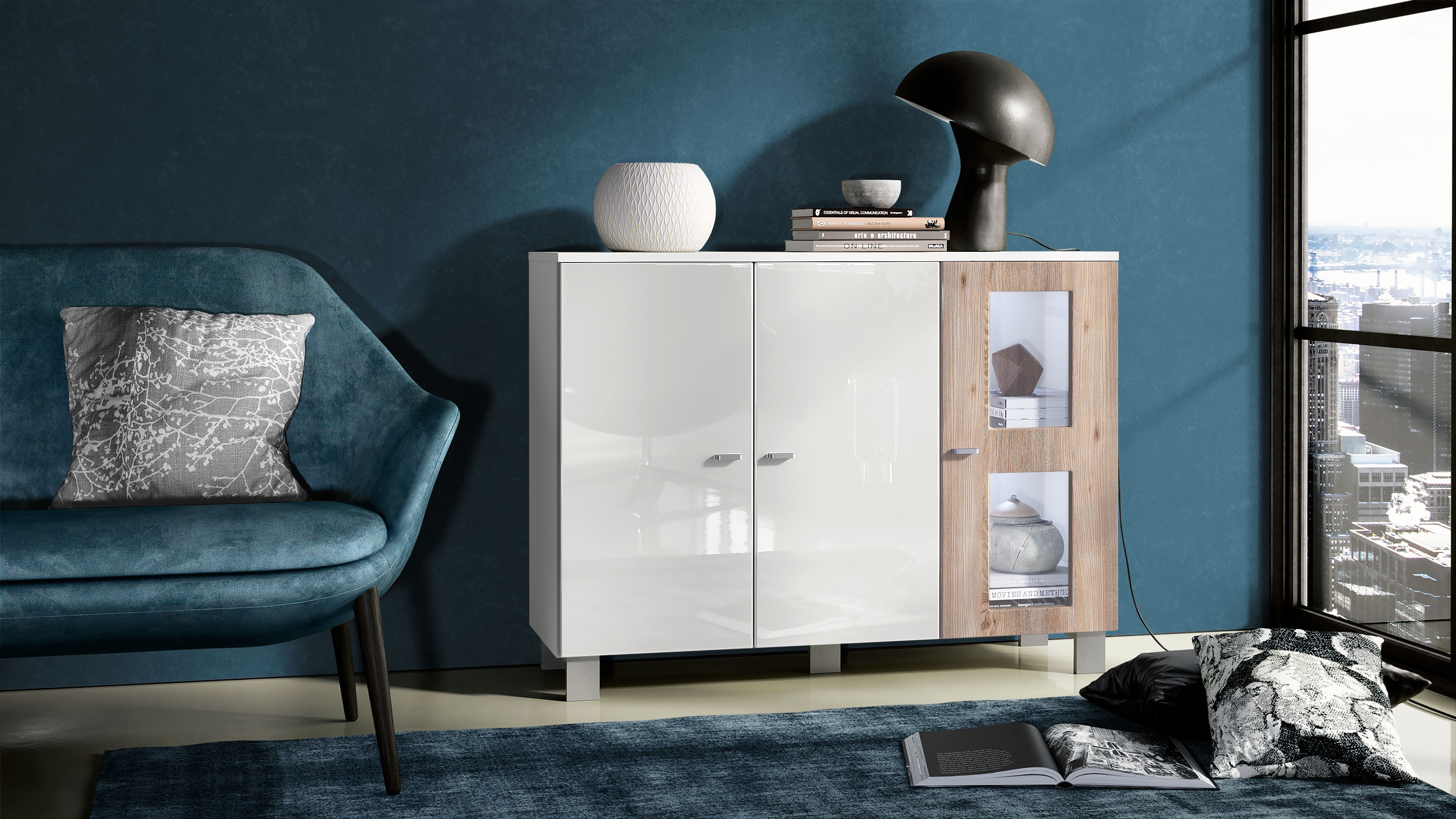 Sideboard Denjo  mit 3 Türen Weiß matt/Weiß glänzend/Eiche Nordic mit Beleuchtung (107x81x35 cm)