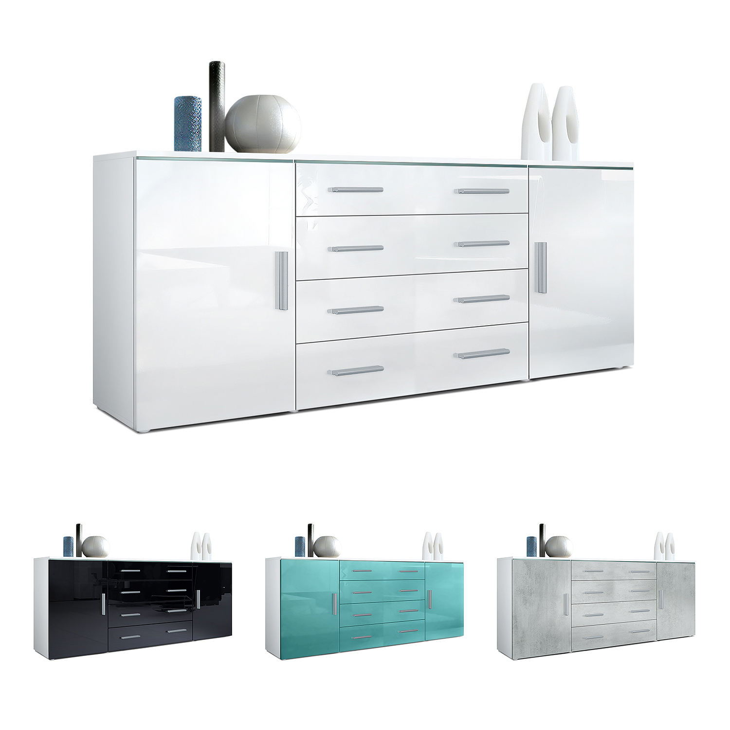 Sideboard Faro V2 mit 2 Türen und 4 Schubladen Weiß matt/Eiche sägerau (166 x 72 x 35)