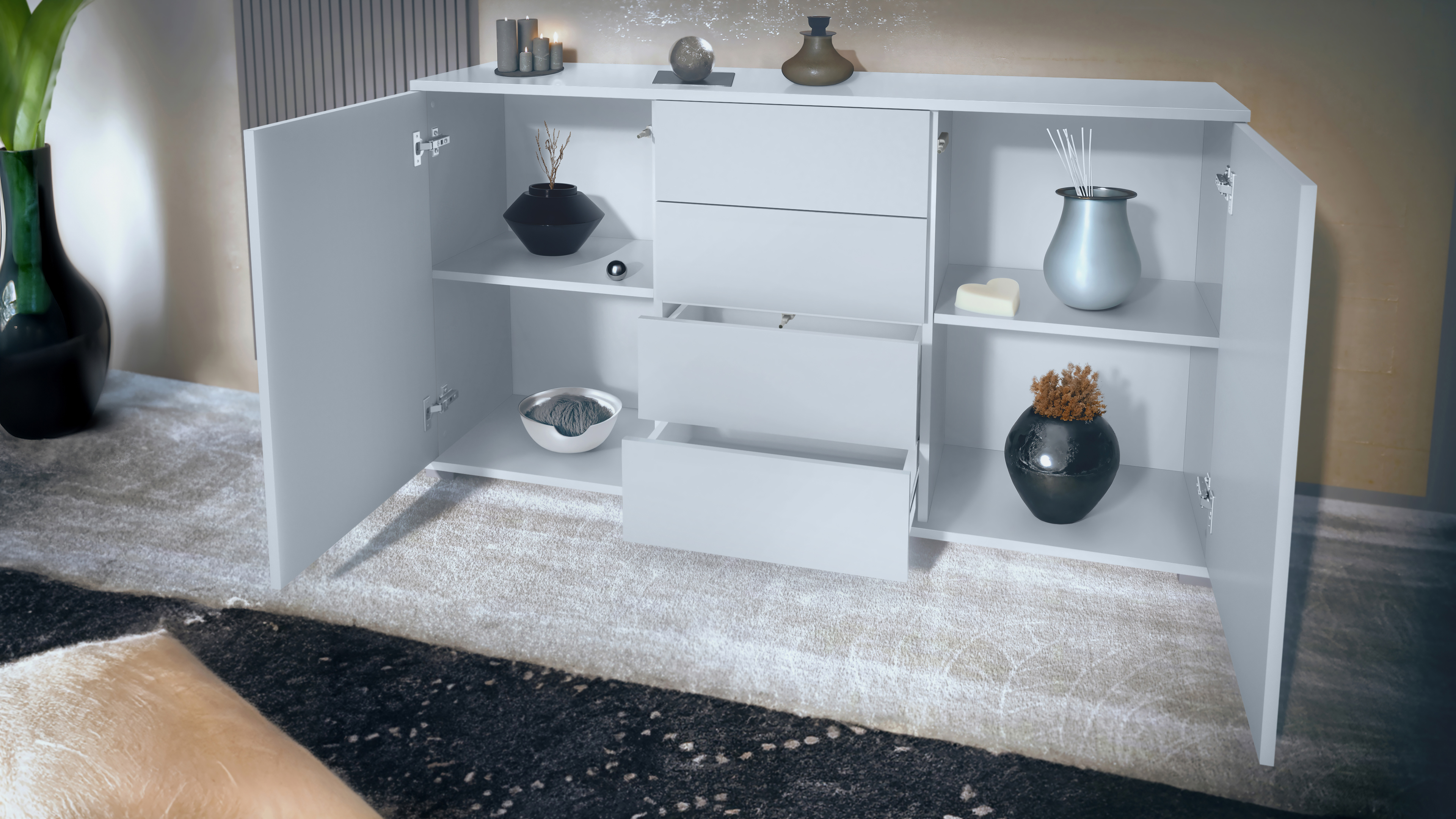 Santo V1 Sideboard Weiß mit 2 Türen und 4 Schubladen Weiß matt/Schwarz matt (138,5 x 75,5 x 35 cm)