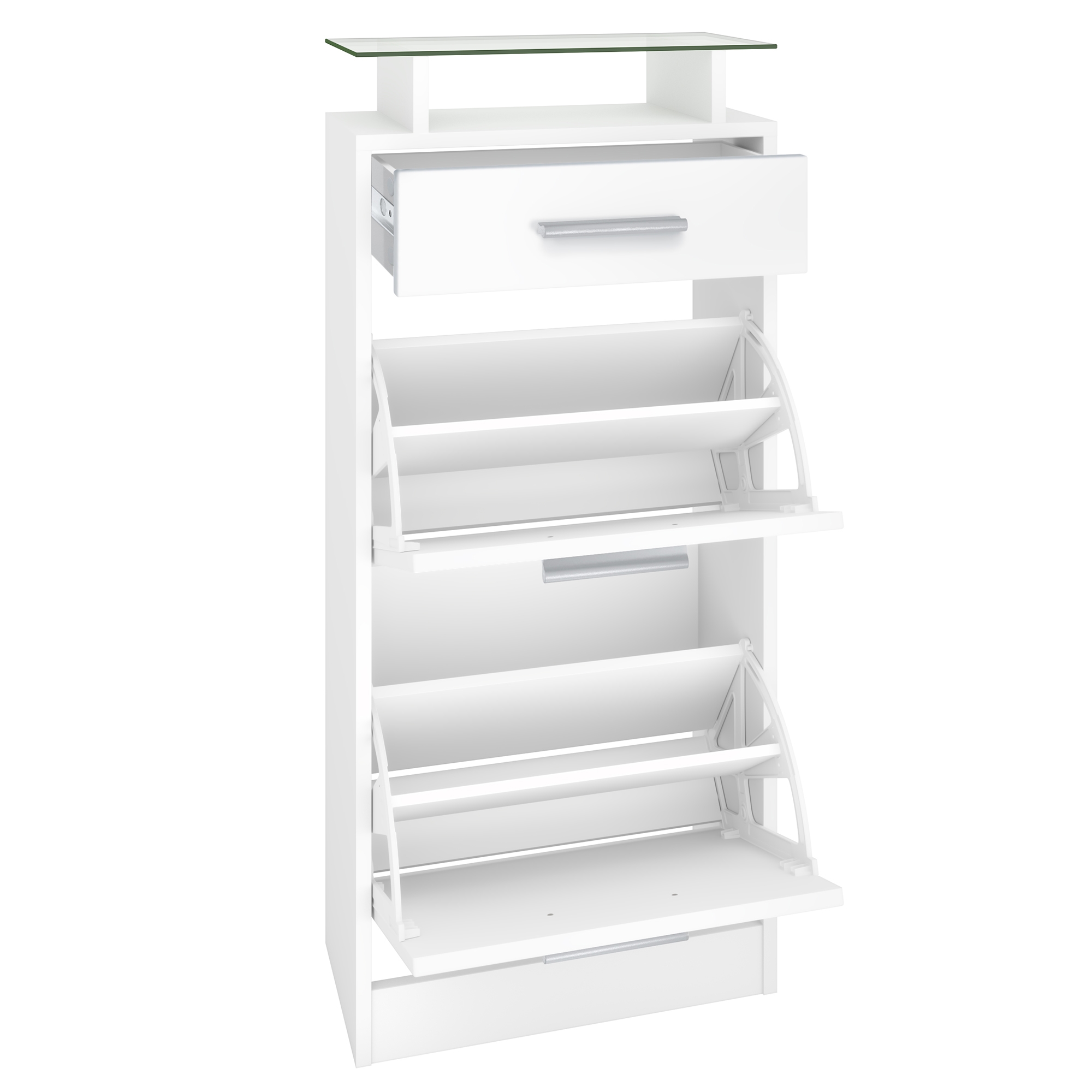 Schuhschrank Loret V2 mit 2 Klappen, 1 Schublade und Glasablage Weiß matt/Schwarz matt (46 x 104 x 23 cm)