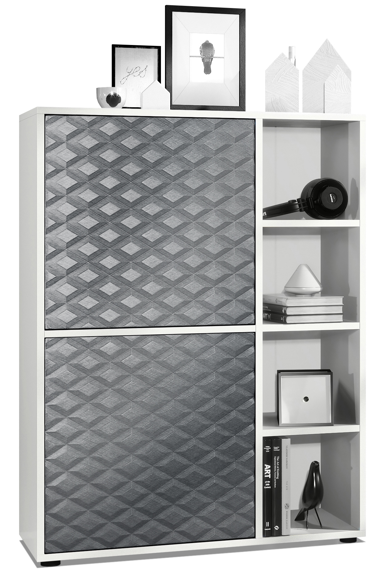 Highboard Cuba mit 2 Türen und 4 offene Fächer Weiß matt/Stahlgrau 3D Struktur (79 x 105,5 x 35,5 cm)