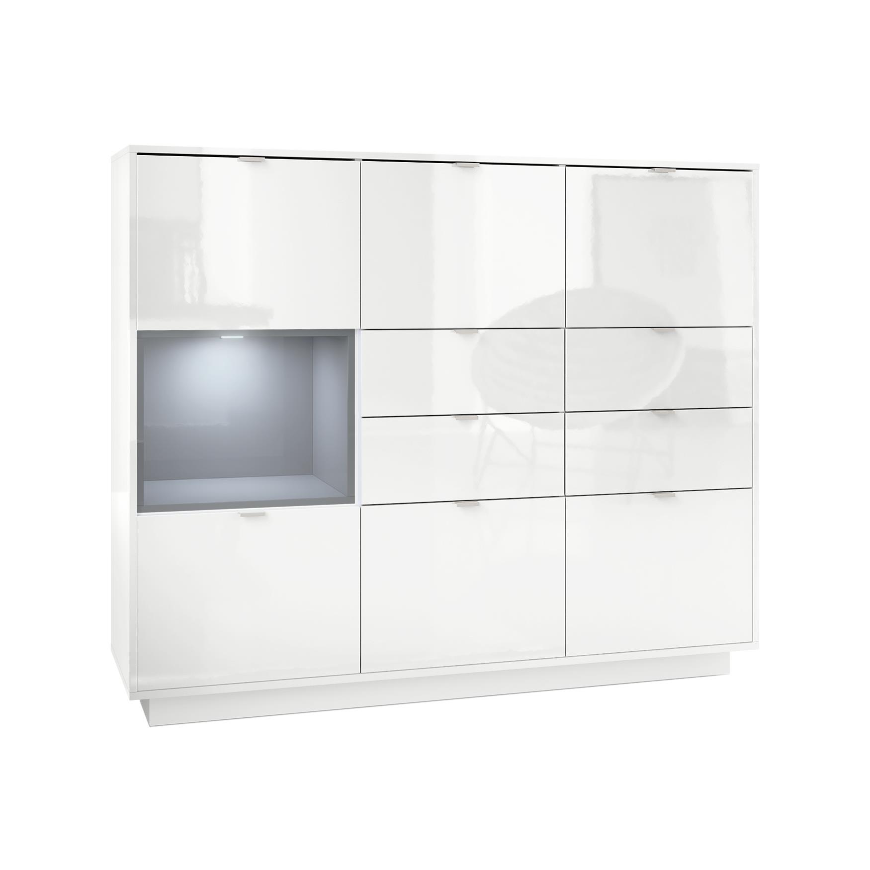 Highboard Metro V2  mit 6 Türen, 4 Schubladen und 1 offenem Fach Weiß Hochglanz/Grau Hochglanz inkl. LED Beleuchtung (153x123x38 cm)