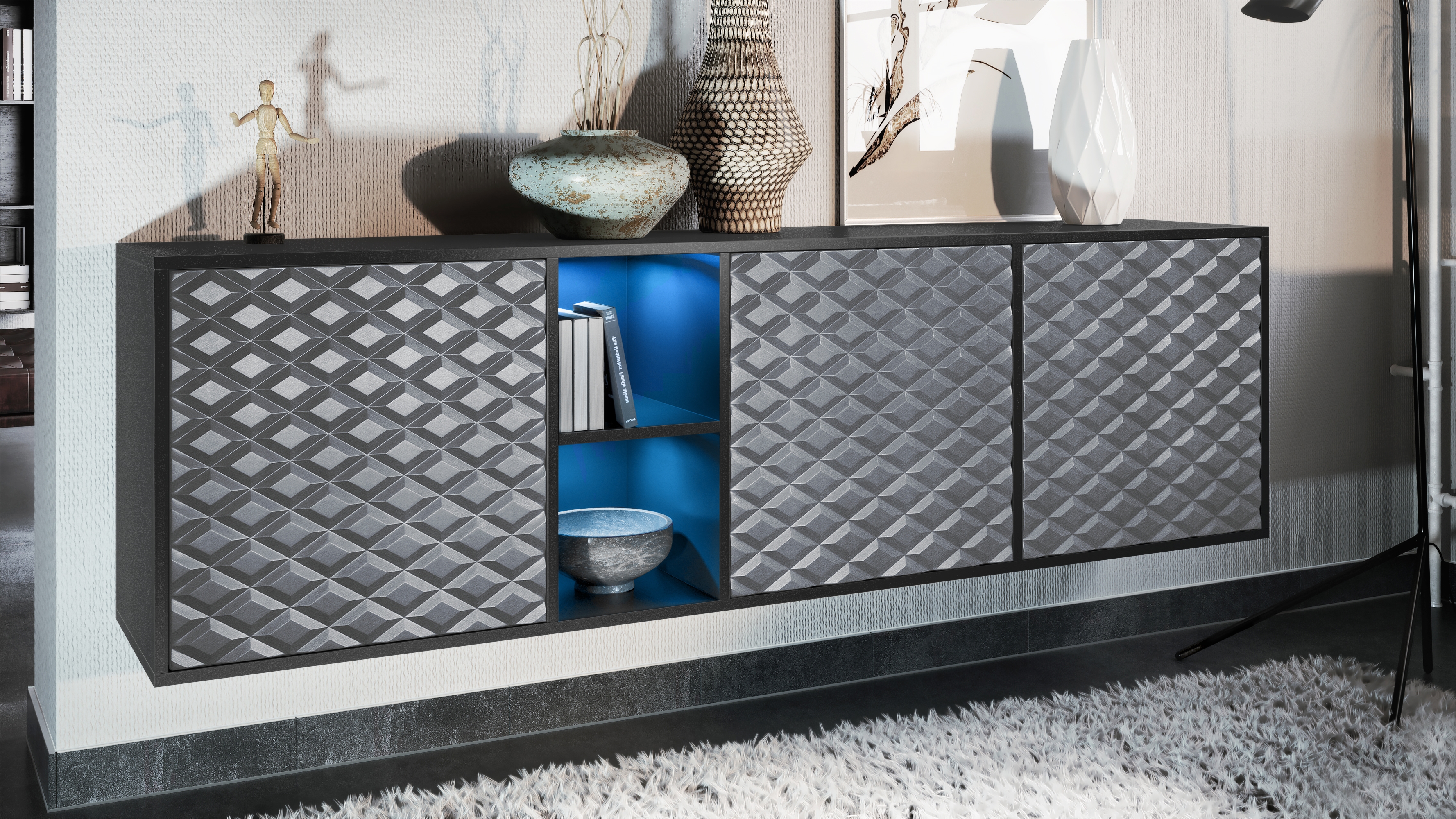 Sideboard Cuba  mit 3 Türen und 2 offene Fächer Schwarz matt/3D Stahlgrau inkl. LED-Beleuchtung (182 x 53 x 35 cm)