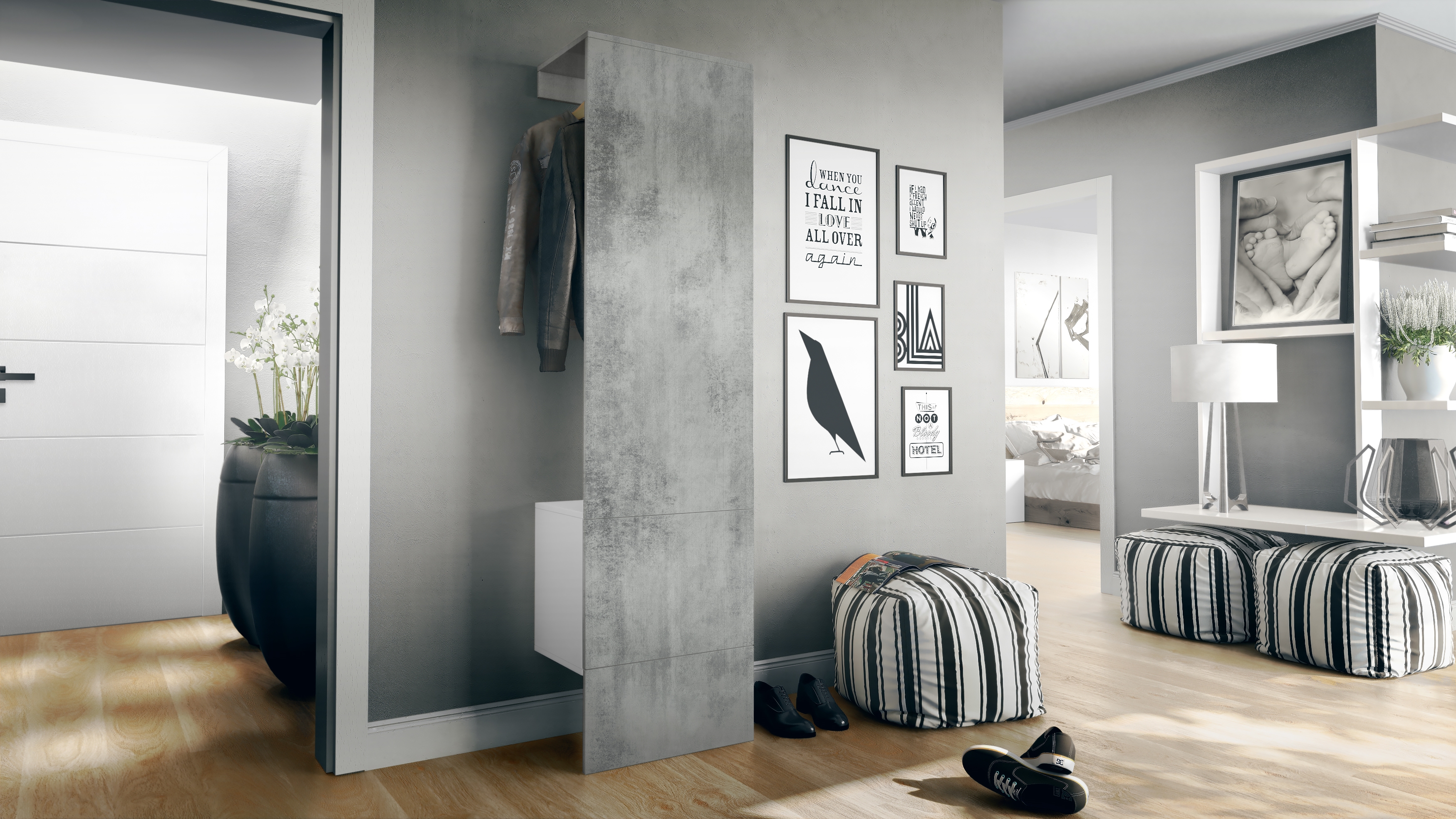 Garderobe Carlton Set 5 Weiß 1-tlg. mit integrierter Tür und 1 Kleiderstange Weiß matt/Beton Oxid Optik  (52 x 193 x 35 cm)