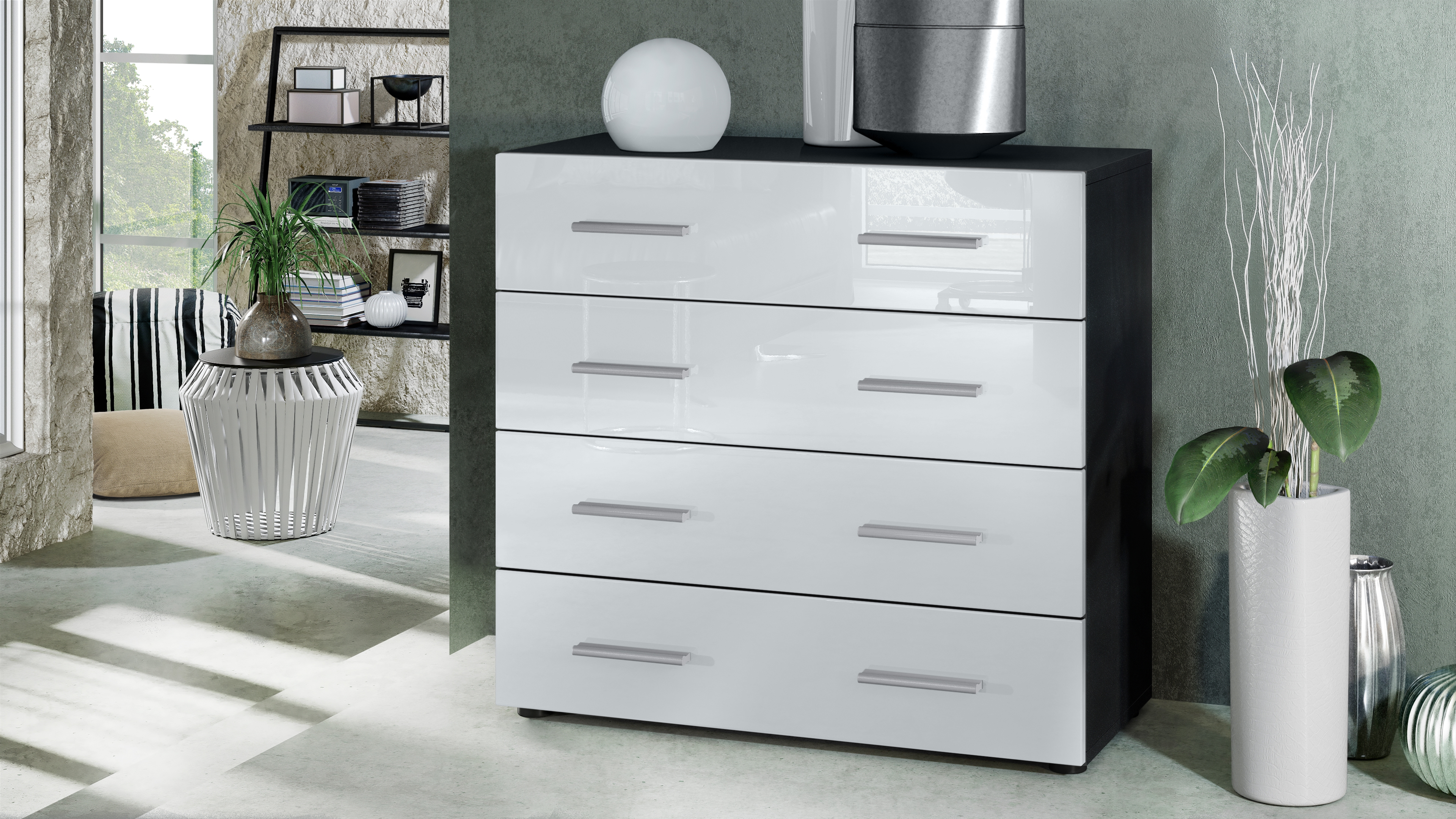 Kommode Pavos V1 ​mit 4 Schubladen Schwarz matt/Weiß Hochglanz (76 x 72 x 35 cm)