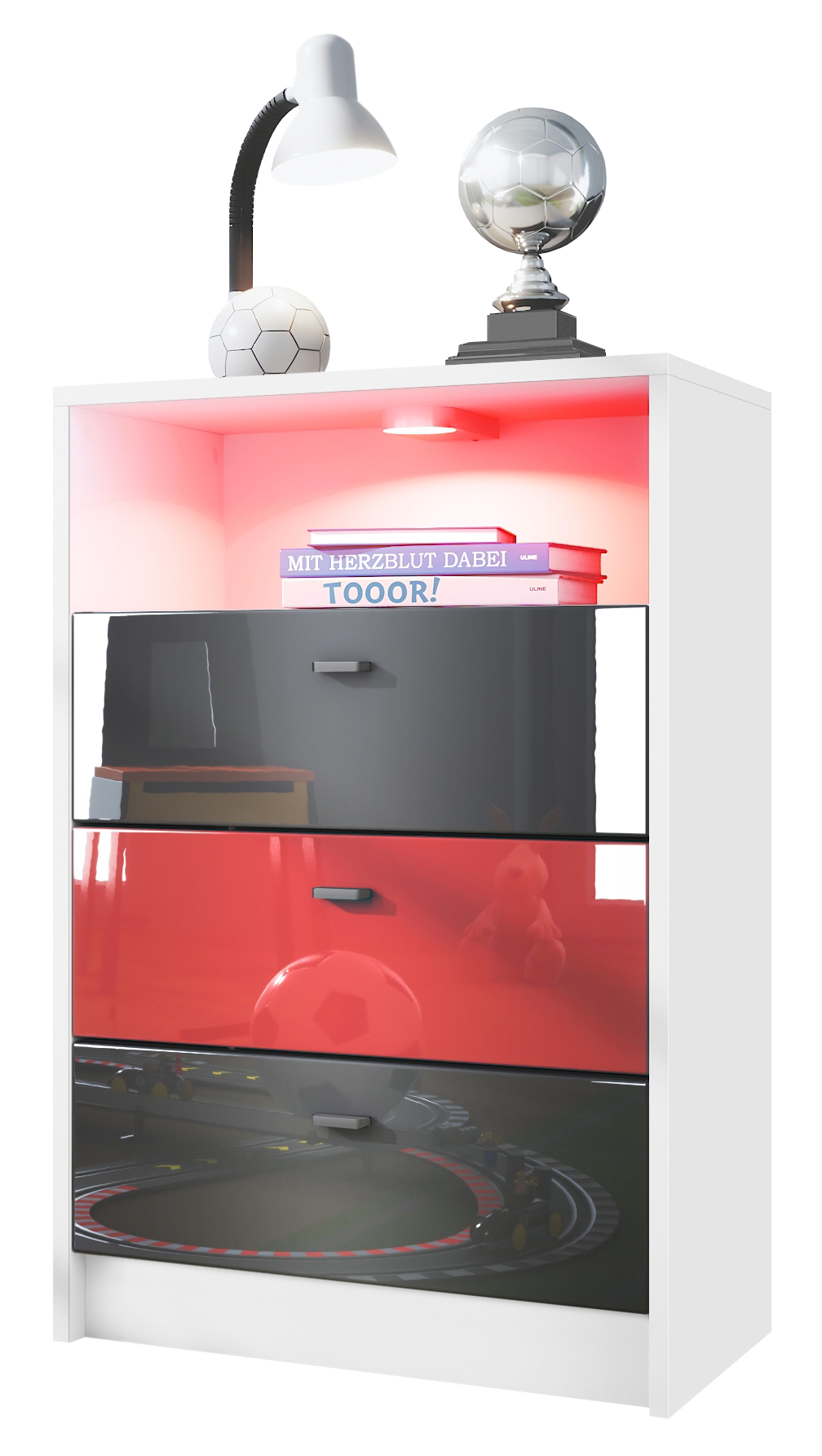 Pino V2 Kommode Fußball mit 3 Schubladen inkl. RGB LED Beleuchtung Fußball Leverkusen - Schwarz, Rot & Schwarz glänzend (56x86,5x36 cm)