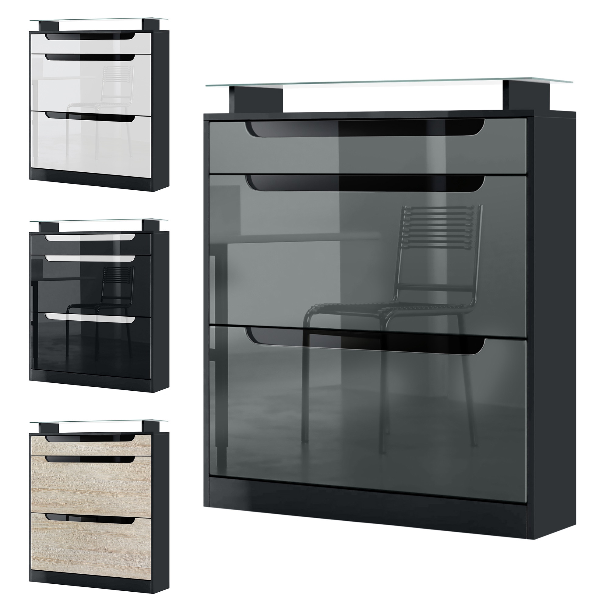 Fiesta Schuhschrank mit 2 Klappen, 1 Schublade und Glasablage Schwarz matt/Schwarz glänzend, Mulden in Grau glänzend (89x104x23 cm)