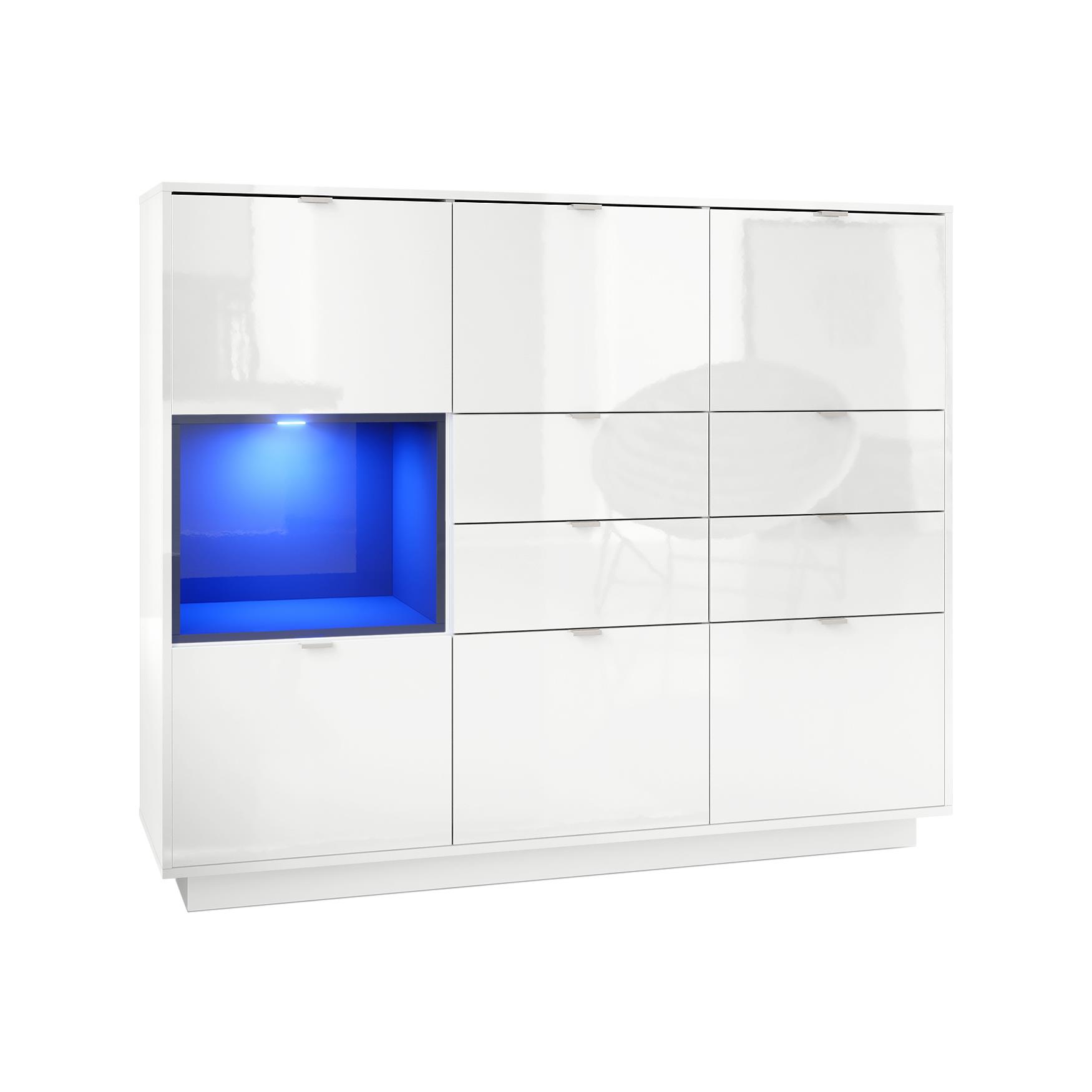 Highboard Metro V2  mit 6 Türen, 4 Schubladen und 1 offenem Fach Weiß Hochglanz/Schwarz Hochglanz inkl. LED Beleuchtung (153x123x38 cm)
