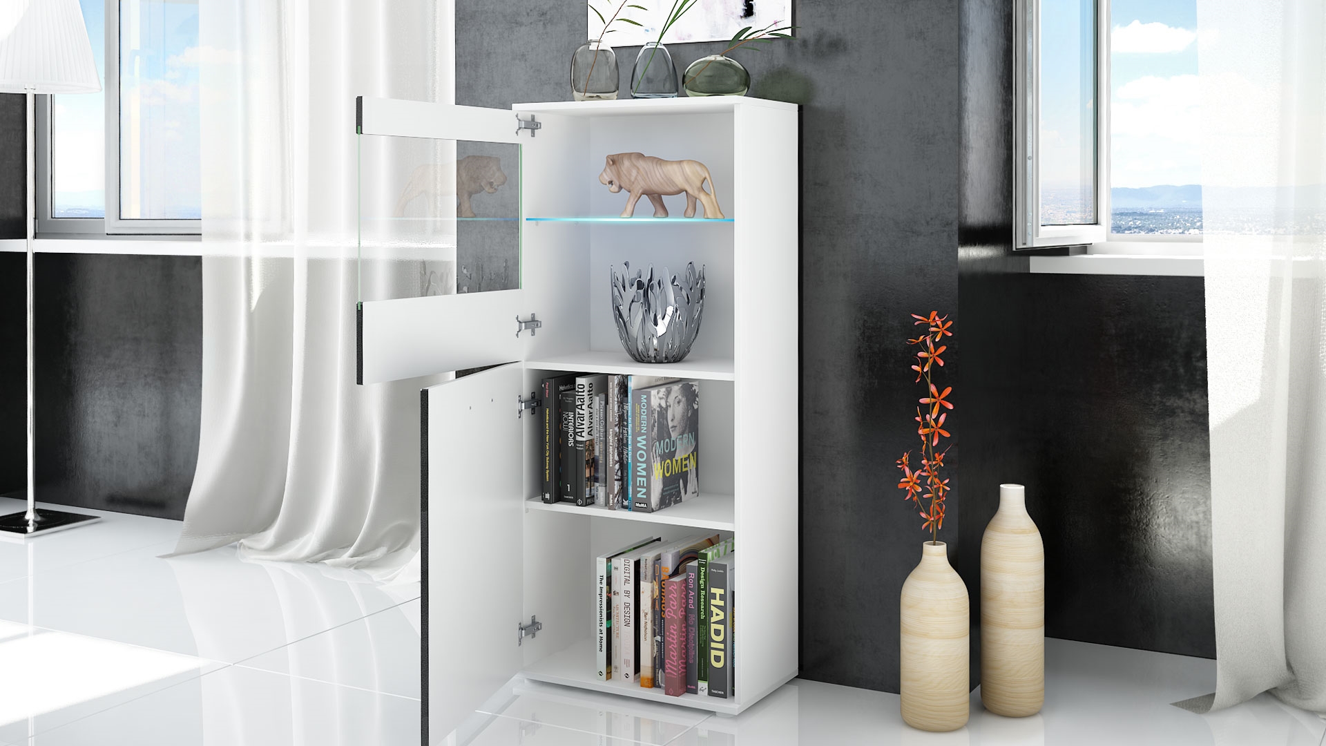 Vitrine Almada mit 2 Türen, 4 Fächern und 1 Glaseinsatz Weiß matt/Schwarz Hochglanz (53 x 125 x 30 cm)