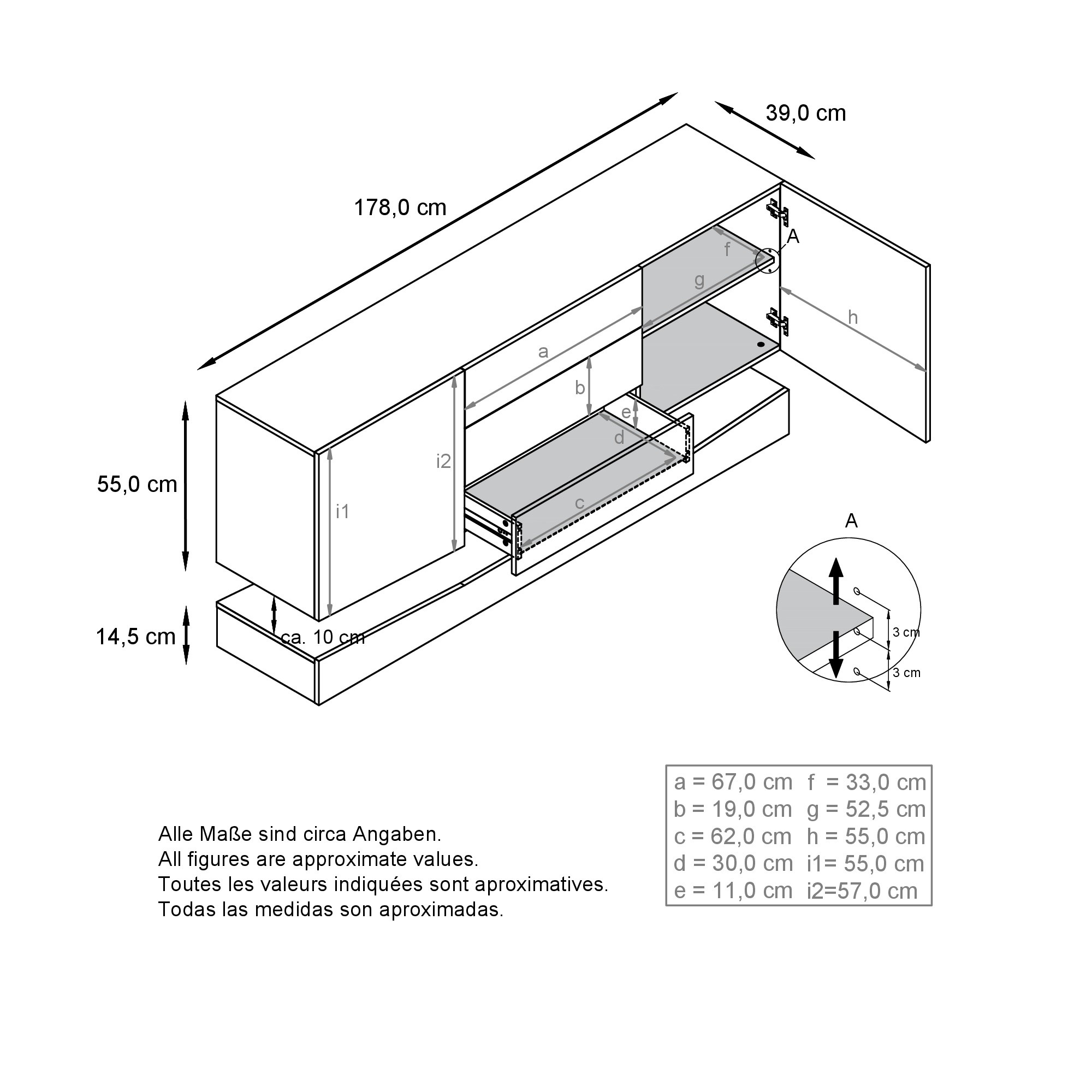 Sideboard City  mit 2 Türen und 3 Schubladen Schwarz matt/Sandgrau Hochglanz (178 x 72 x 38 cm)