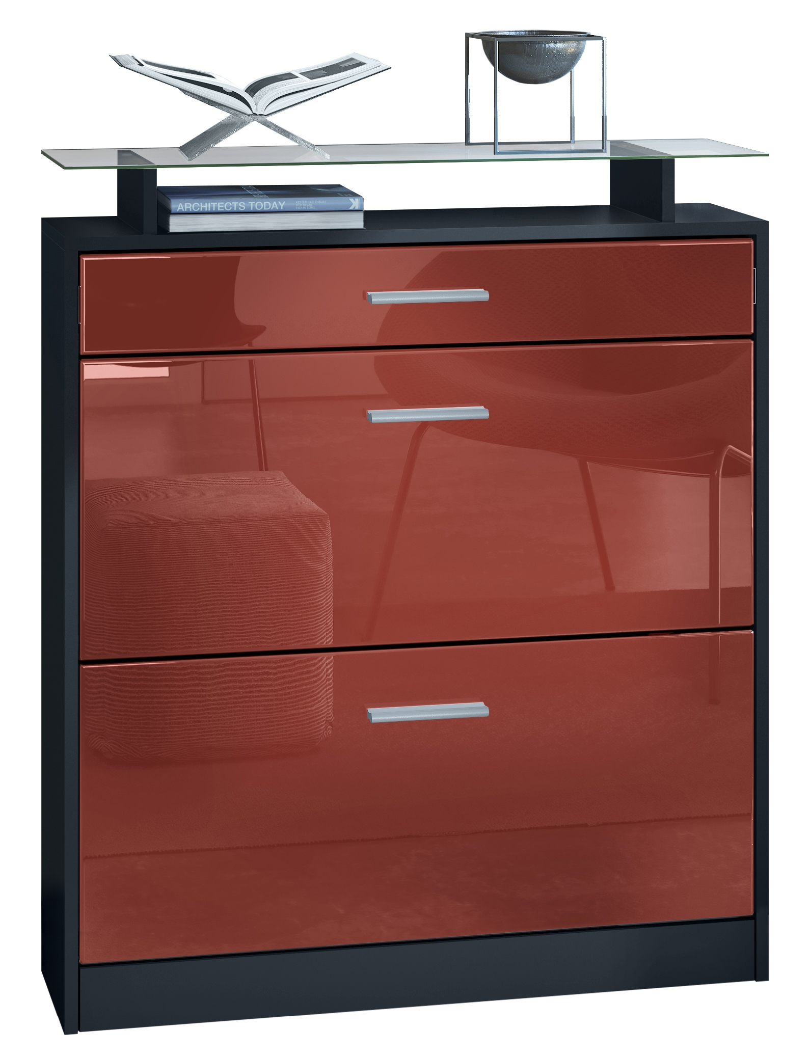 Schuhschrank Loret mit 2 Klappen und 1 Schublade und Glasablage Schwarz matt/Bordeaux Hochglanz (89 x 104 x 23 cm)
