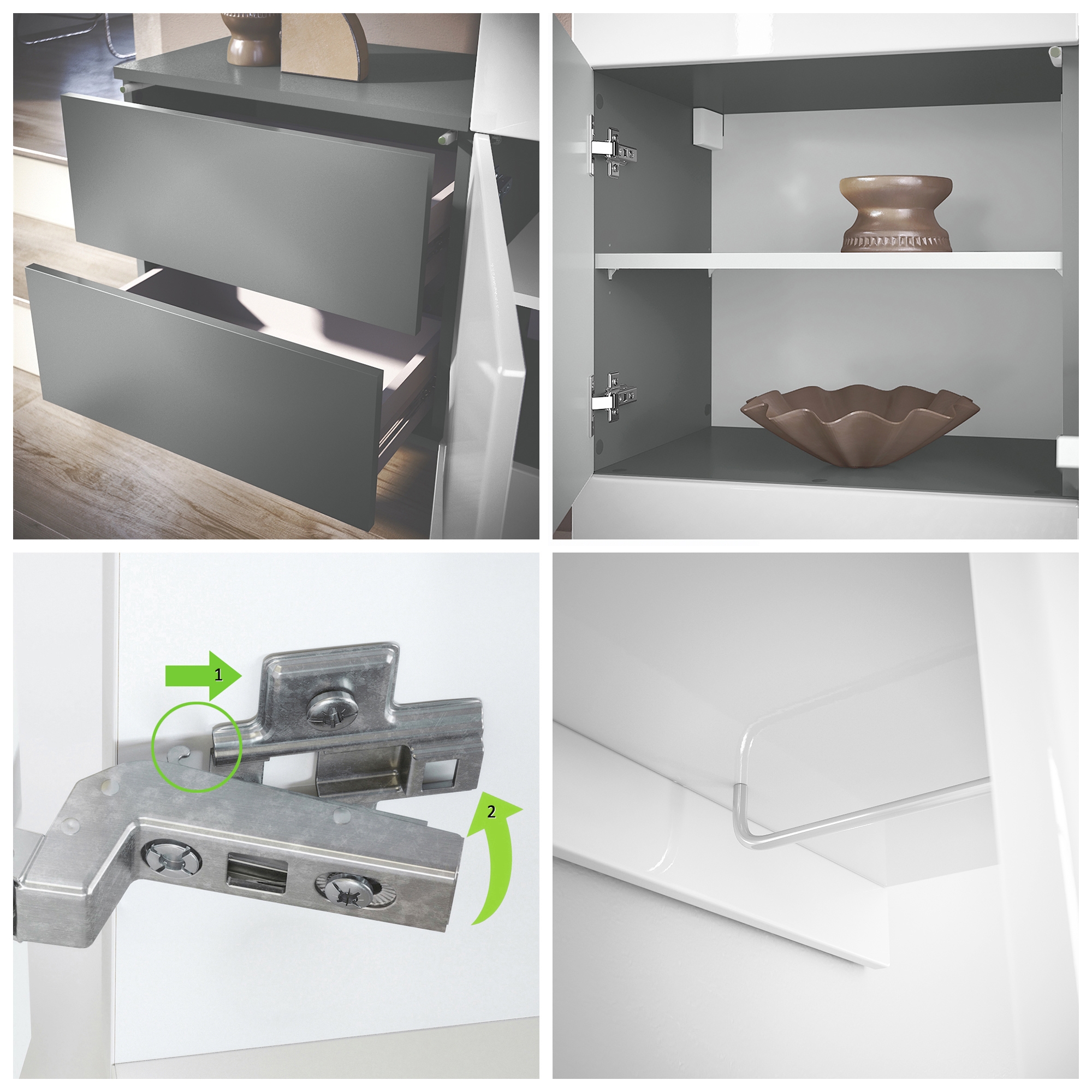 Garderobe Carlton Set 3 Anthrazit 4-tlg. 1 Paneel und 2 Schubkastenschränke Anthrazit matt/Graphit Seidenmatt (157 x 193 x 35 cm)