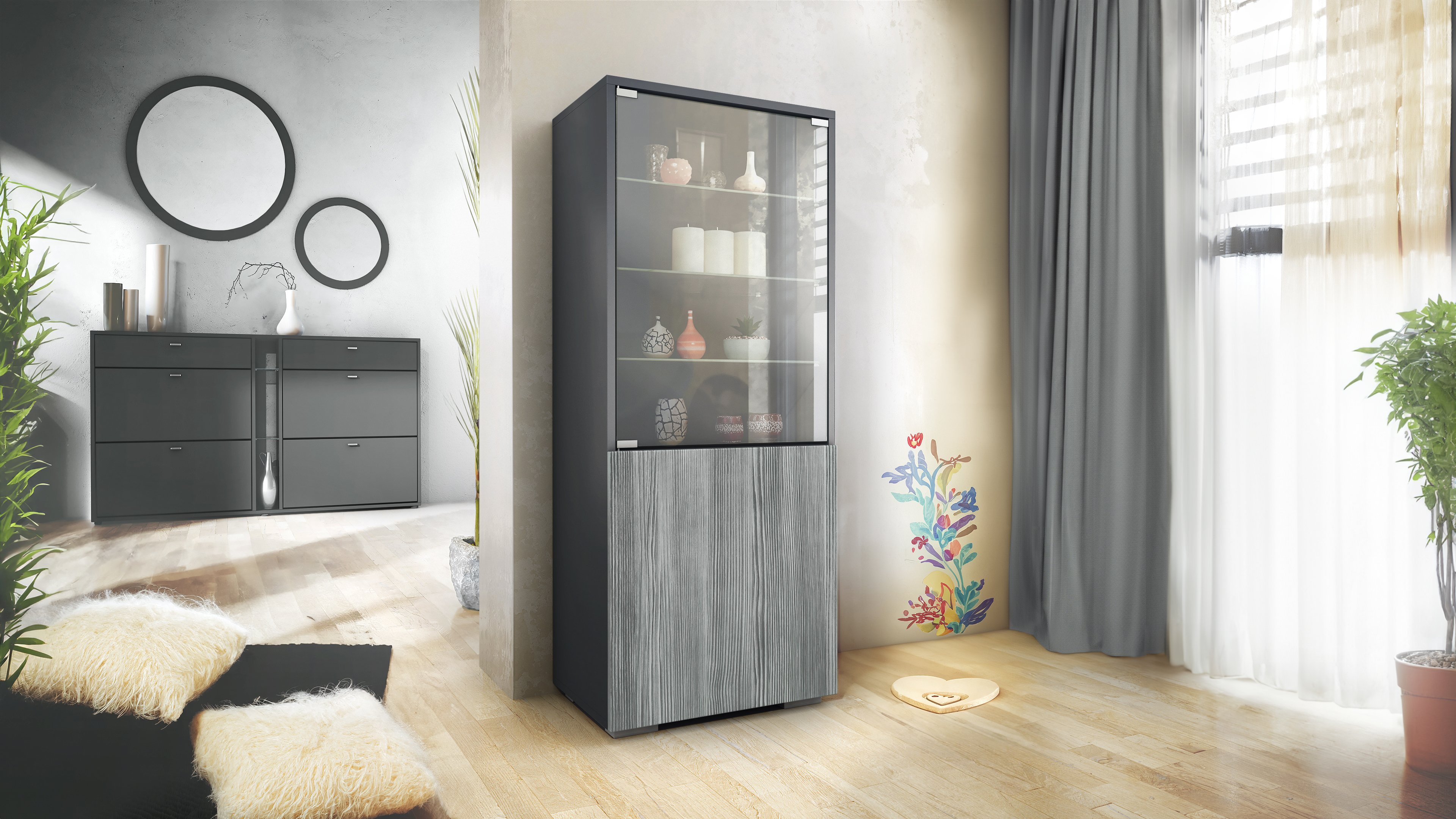Granada Vitrine Anthrazit mit Glastür und Glaseinsatz Anthrazit matt/Avola-Anthrazit (50 x 122,5 x 34,5 cm)