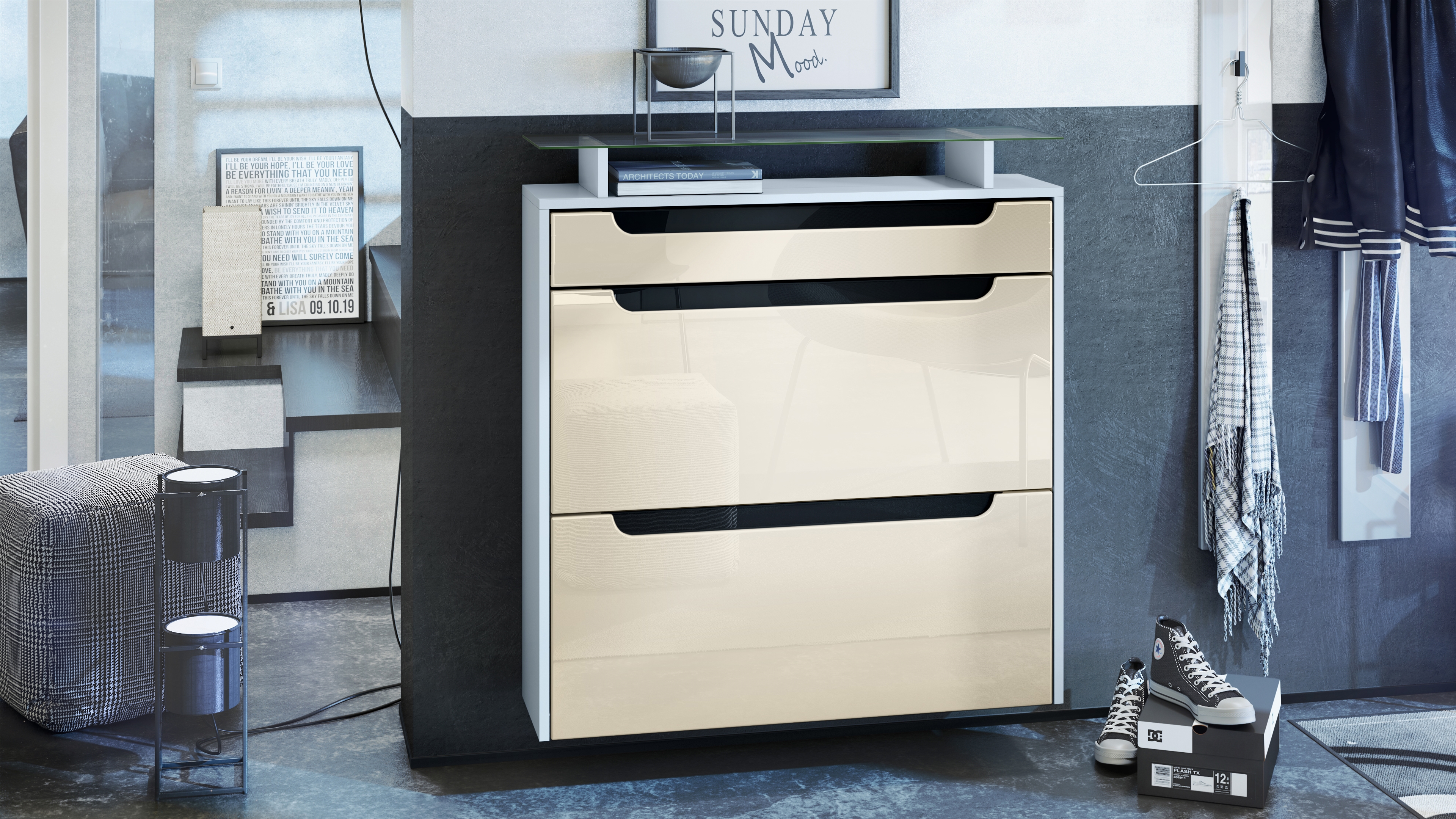 Schuhschrank Annie mit 2 Klappen, 1 Schublade und Glasablage Weiß matt/Creme Hochglanz/Schwarz Hochglanz (89 x 96 x 23 cm)