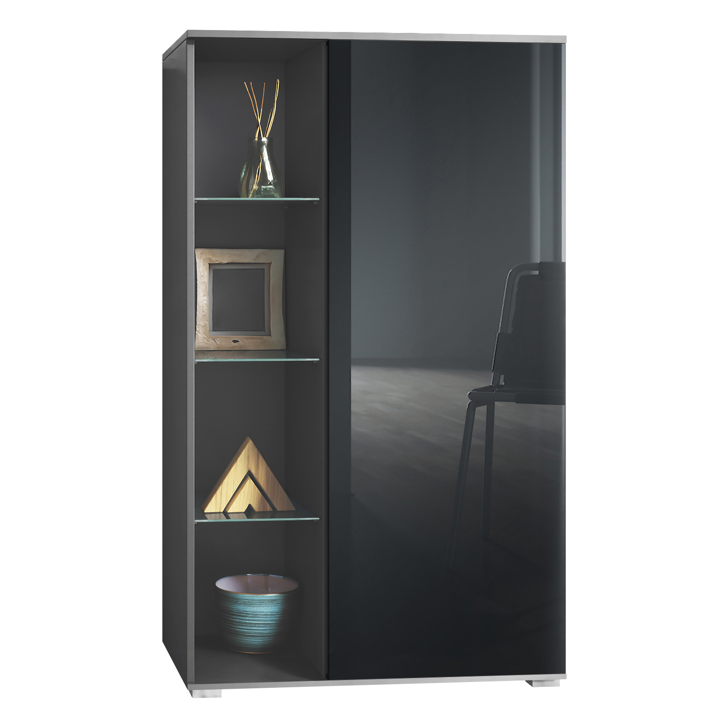 Vitrine Davos mit 3 Glasböden und 8 Fächer Anthrazit matt/Schwarz Hochglanz (71,5 x 134 x 35 cm)