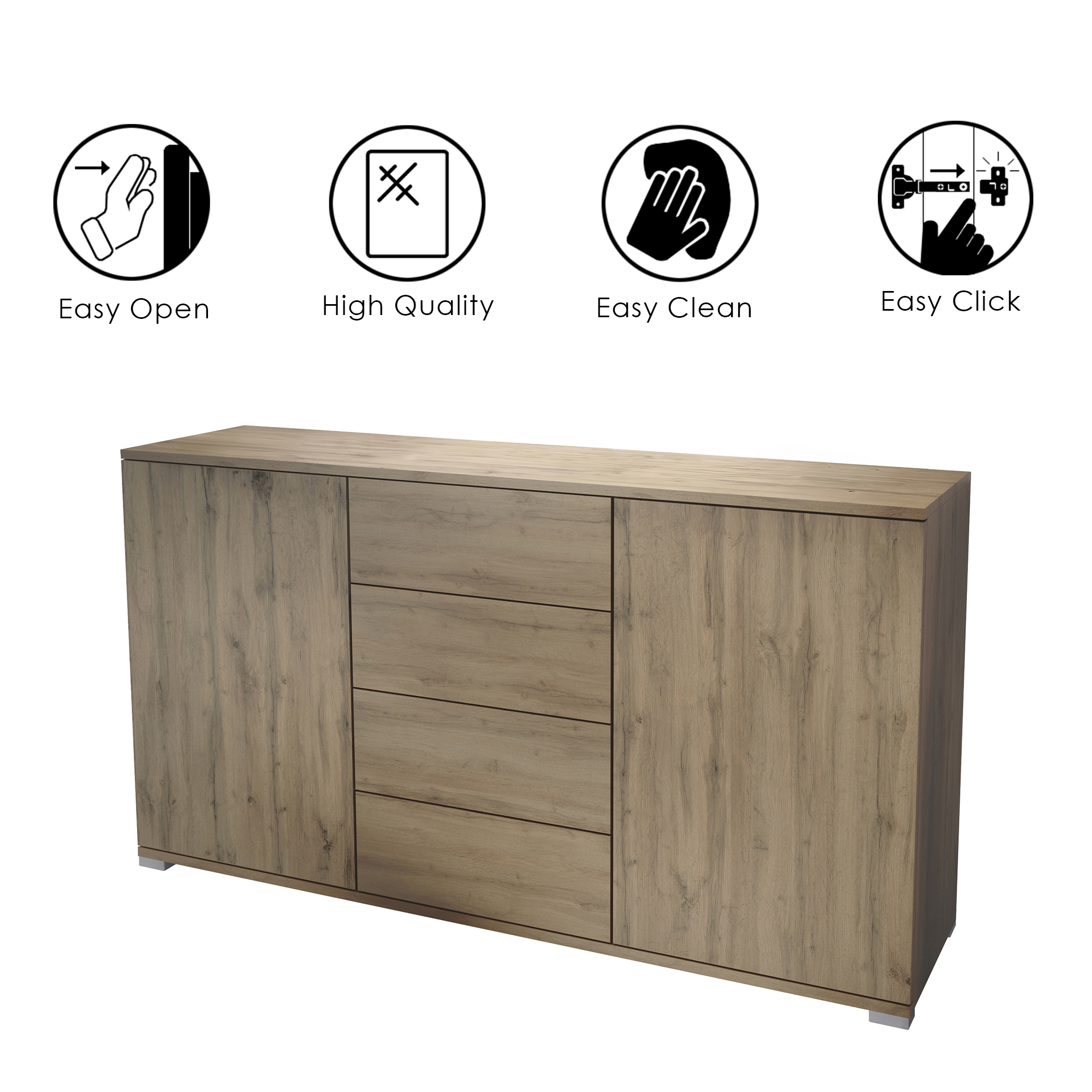 Santo V1 Sideboard Eiche Evoke mit 2 Türen und 4 Schubladen Eiche Evoke/Schwarz matt (138,5 x 75,5 x 35 cm)