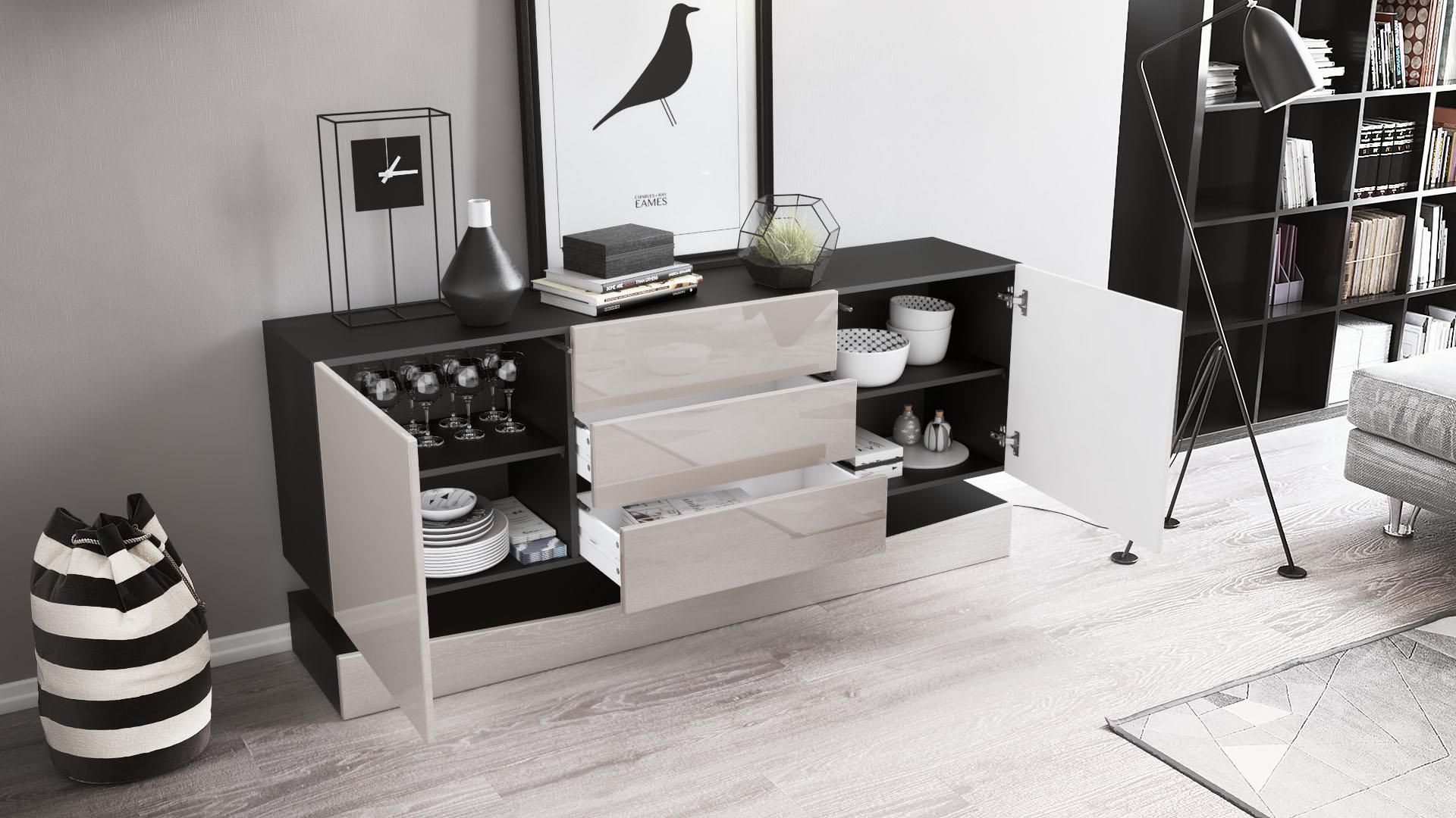 Sideboard City  mit 2 Türen und 3 Schubladen Schwarz matt/Sandgrau Hochglanz (178 x 72 x 38 cm)