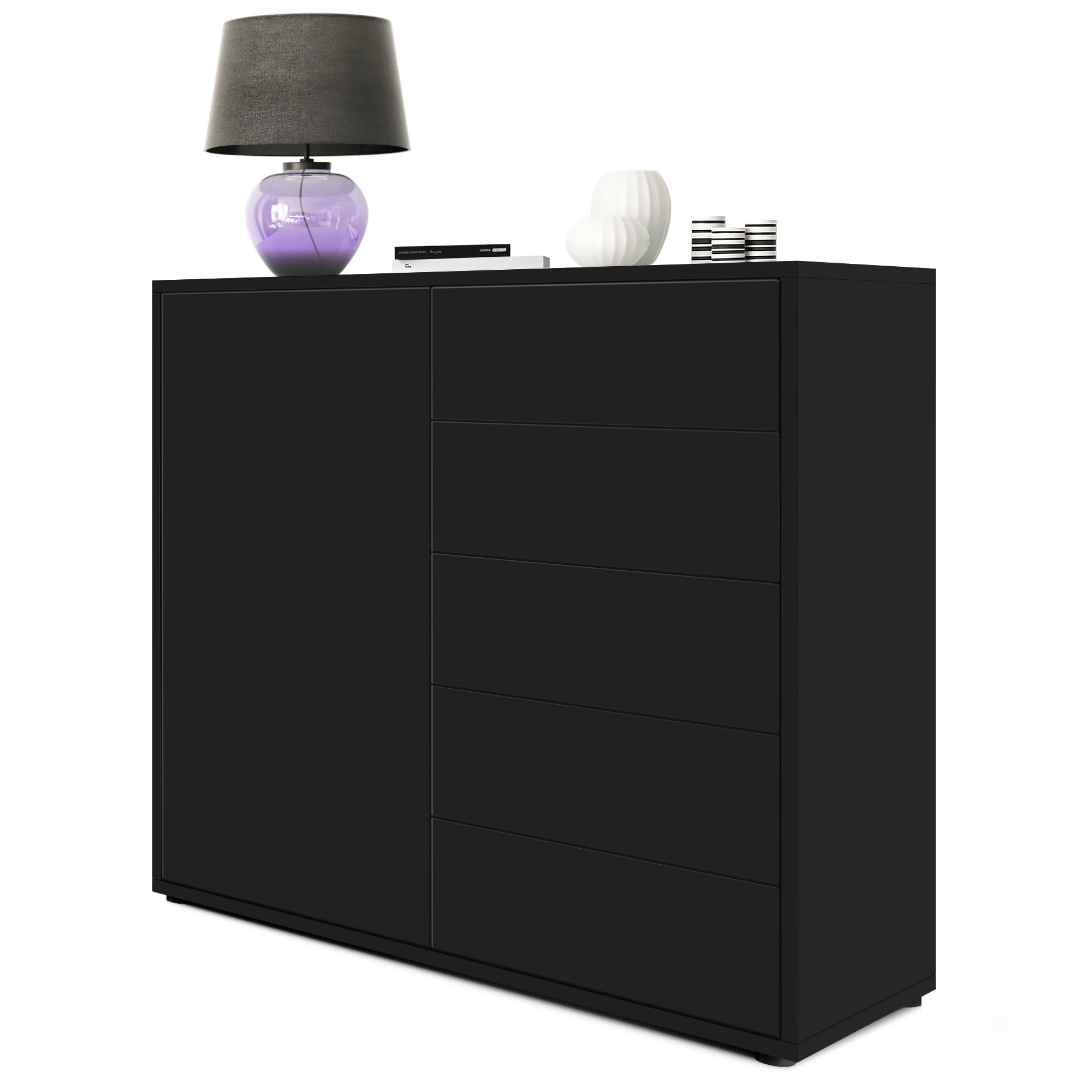 Kommode Ben V2  mit 1 Tür und 5 Schubladen Schwarz matt/Schwarz matt (79 x 74 x 36 cm)