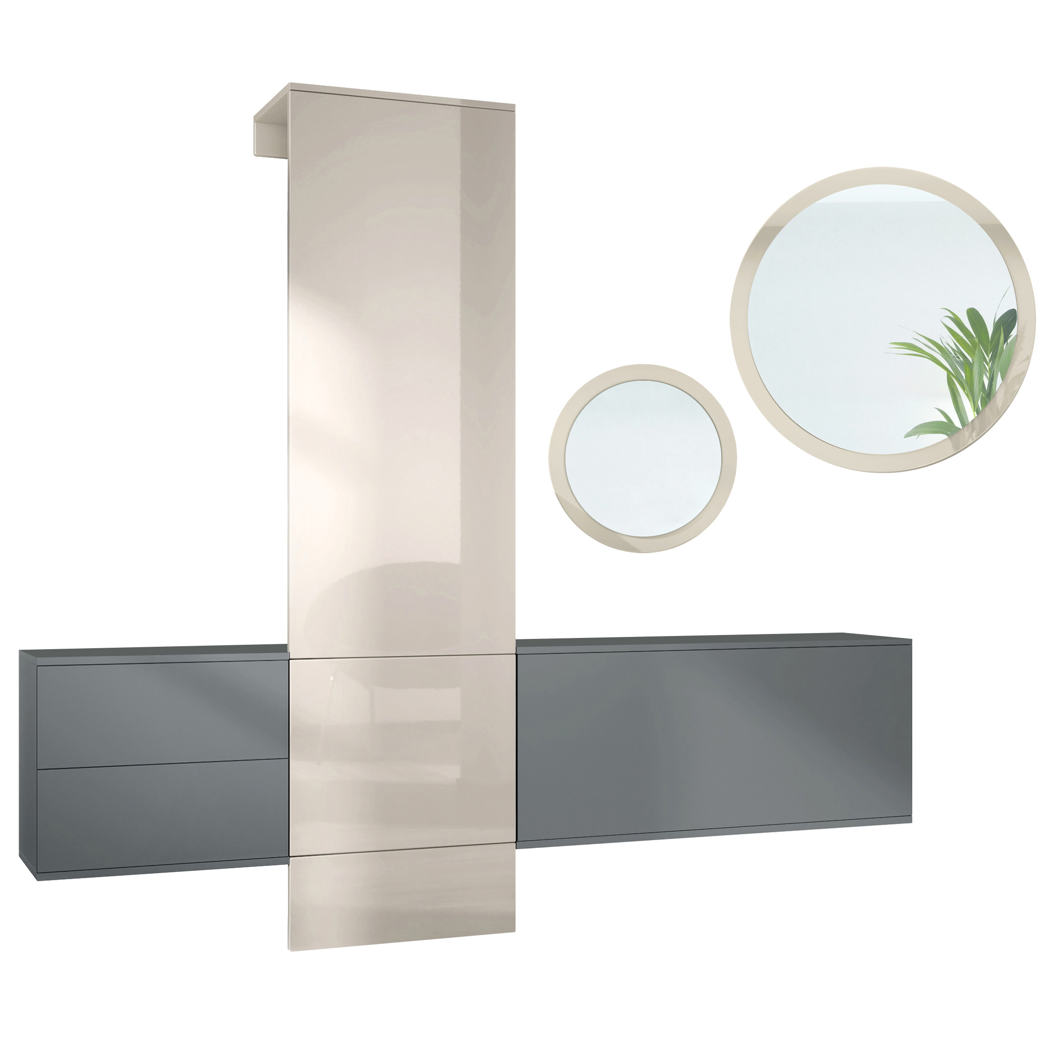 Garderoben Set DualVista bestehend aus 1 Garderobenpaneel, 2 Schrank Elementen und 2 Spiegel Anthrazit matt/Sandgrau Hochglanz