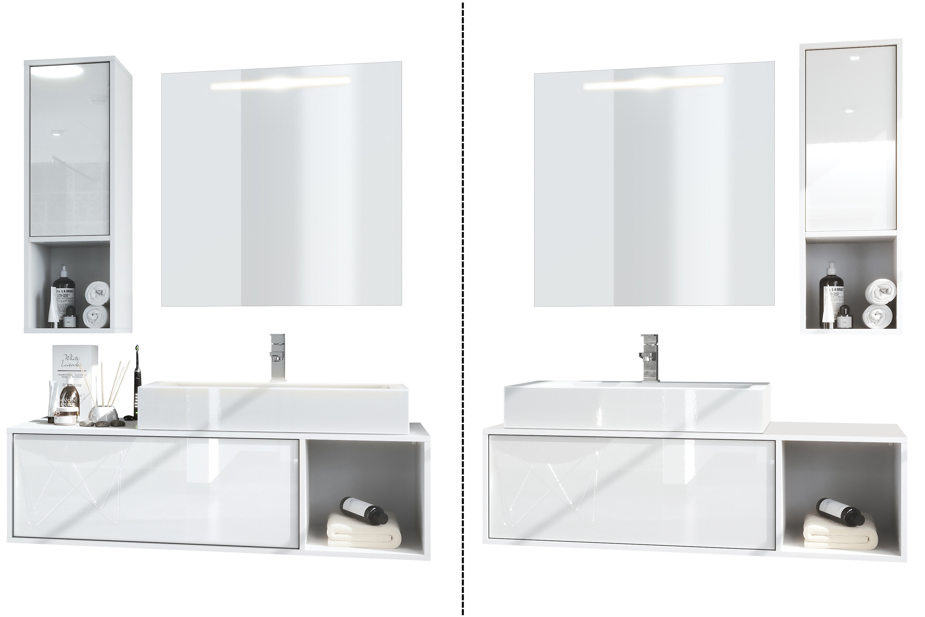 Badmöbel-Set La Costa 1 Unterschrank und 1 LED-Spiegel Korpus Weiß matt/Fronten Beton Oxid Optik (‎126,5 x 195 x 46 cm)