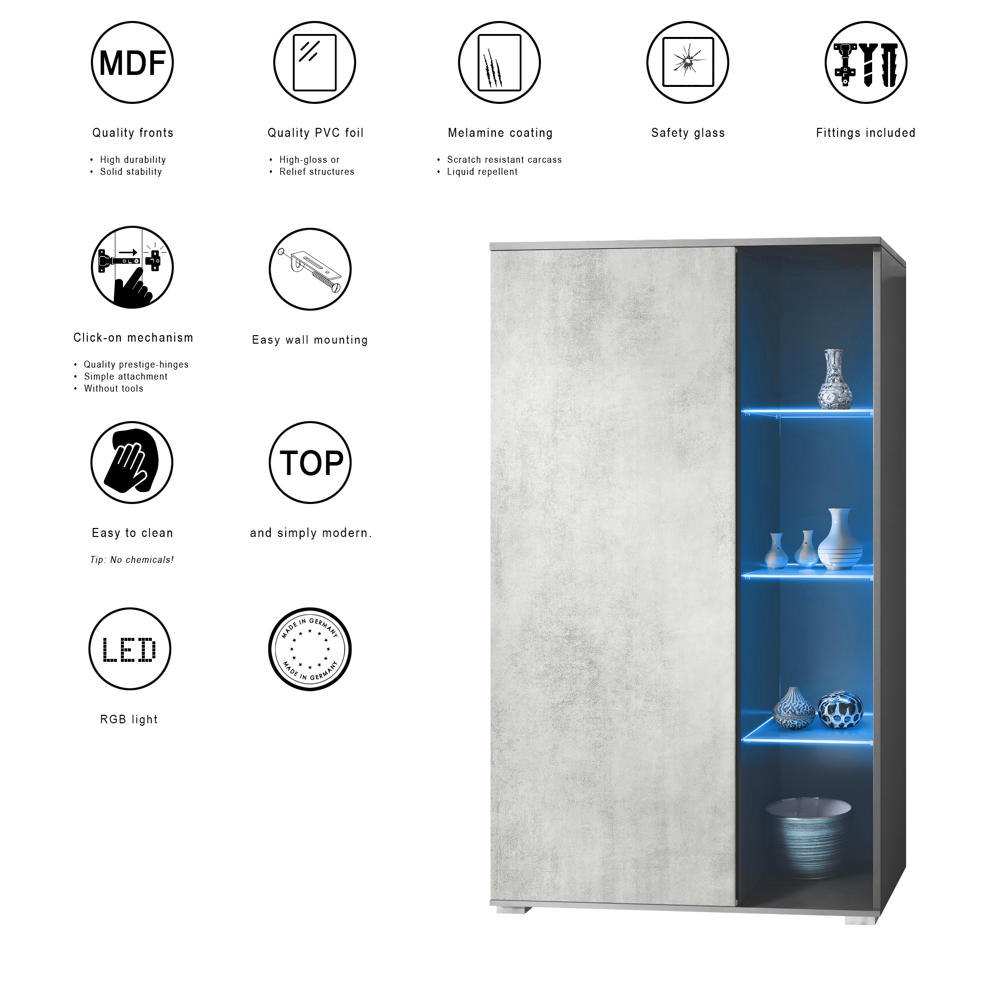 Vitrine Davos mit 3 Glasböden und 8 Fächer inkl. LED Anthrazit matt/Steingrau (71,5 x 134 x 35 cm)