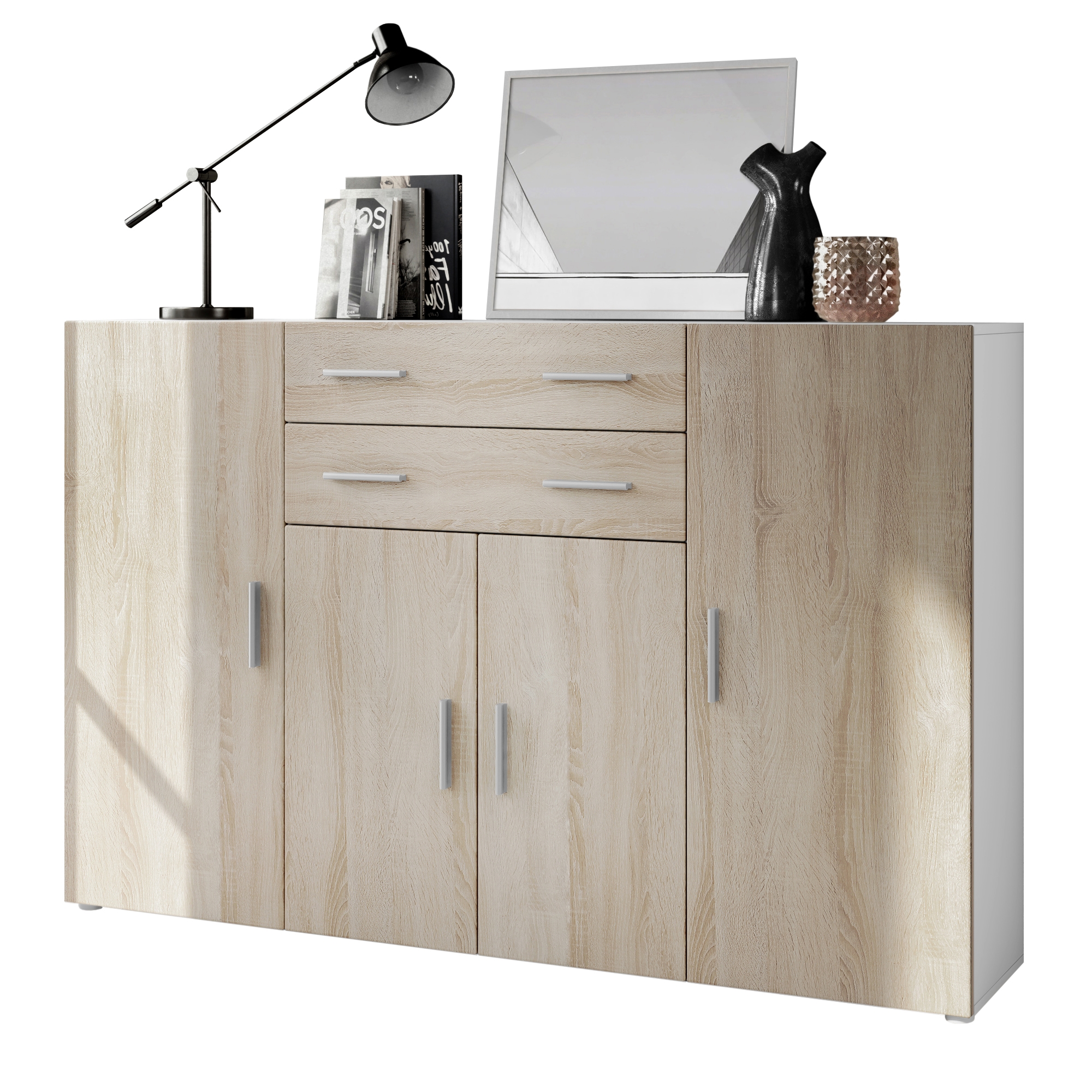 Highboard Aron  mit 4 Türen und 2 Schubladen Weiß matt/Eiche sägerau (166,5 x 106,5 x 35 cm)