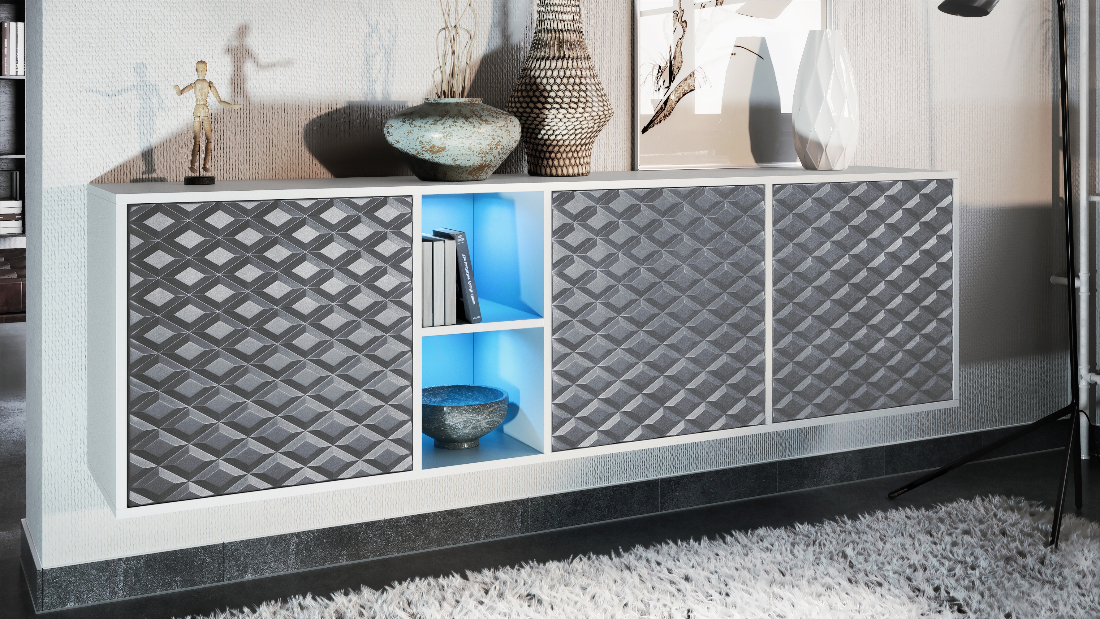 Sideboard Cuba  mit 3 Türen und 2 offene Fächer Weiß matt/3D Stahlgrau inkl. LED-Beleuchtung (182 x 53 x 35 cm)
