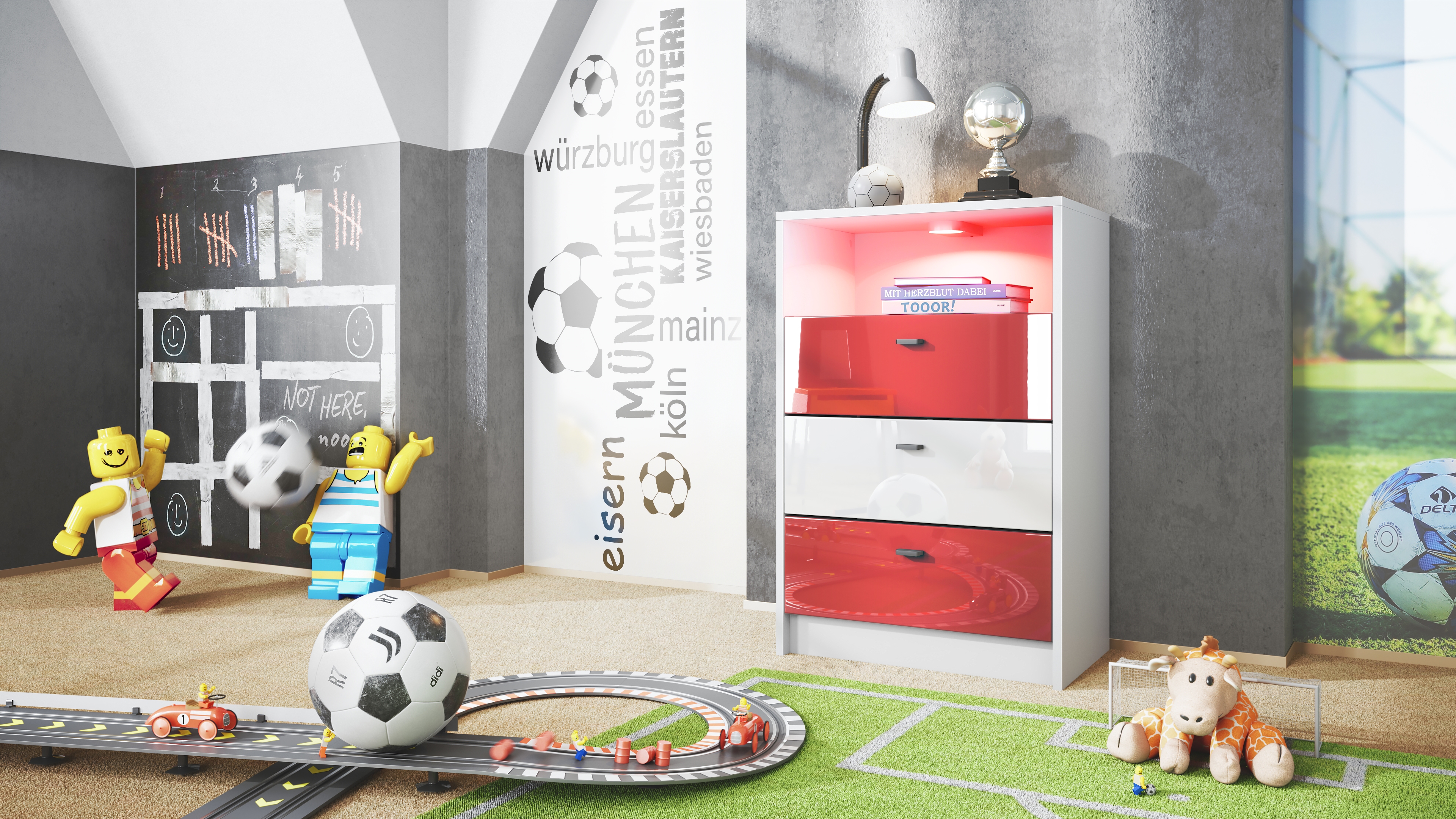 Pino V2 Kommode Fußball mit 3 Schubladen inkl. RGB LED Beleuchtung Fußball Bundesliga München - Rot, Weiß & Rot Hochglanz (56x86,5x36 cm)